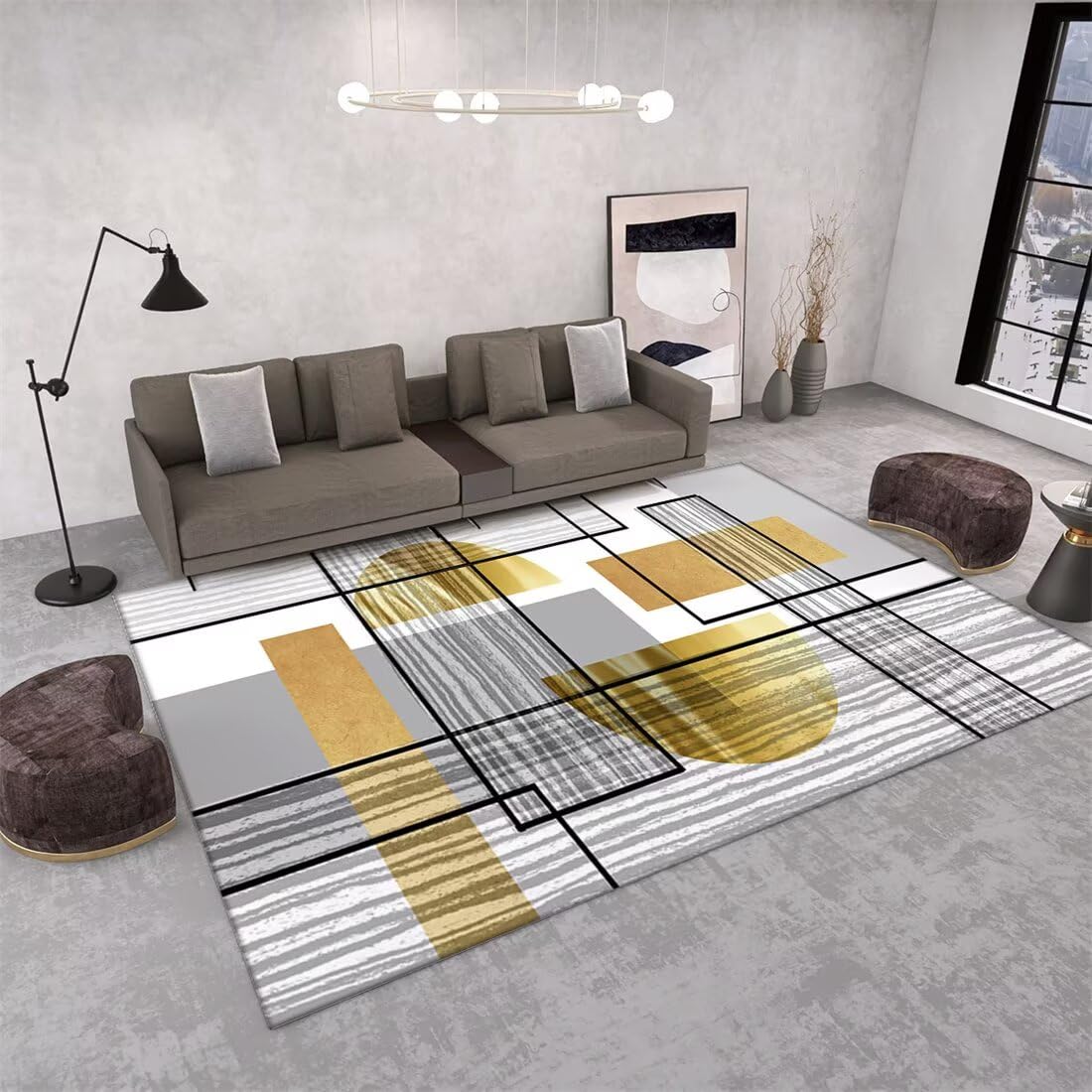 Tapis de chambre moderne et décoration coin salon gris jaune 90x200