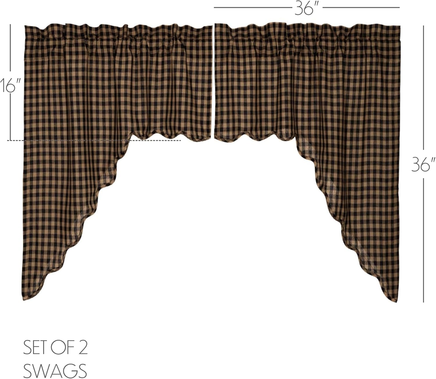 VHC Brands, Black Check, Cotton, 36x36x16, Scalloped Swag, Set of 2, Black