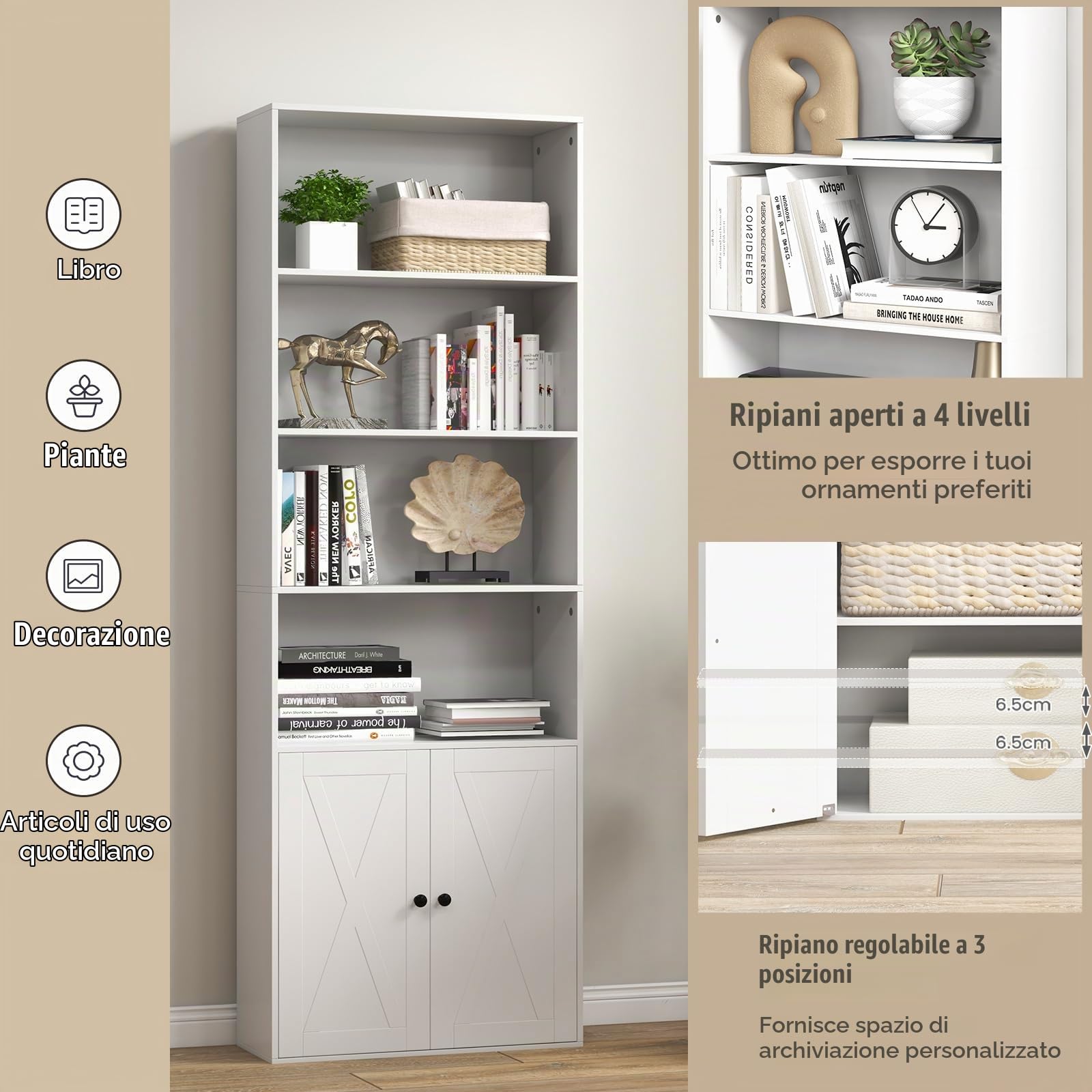 KOMFOTTEU Libreria Scaffale in Legno con Armadio a Ante e 6 Ripiani Aperti