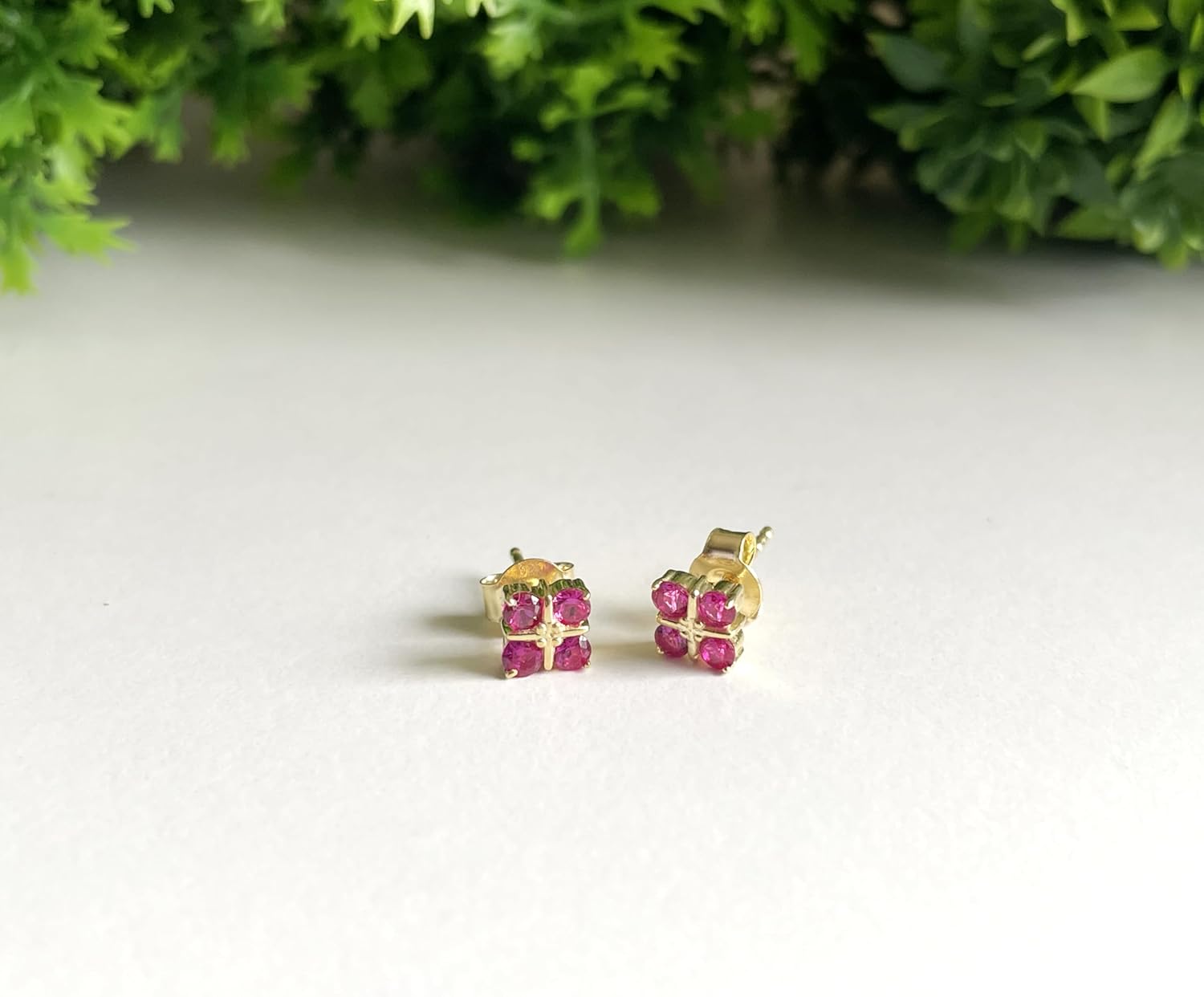 Round Cut Red Ruby 4-Stone Clover Stud Earrings For Women, 14K Gold Plated Silver Ruby Floral Earrings For Ladies