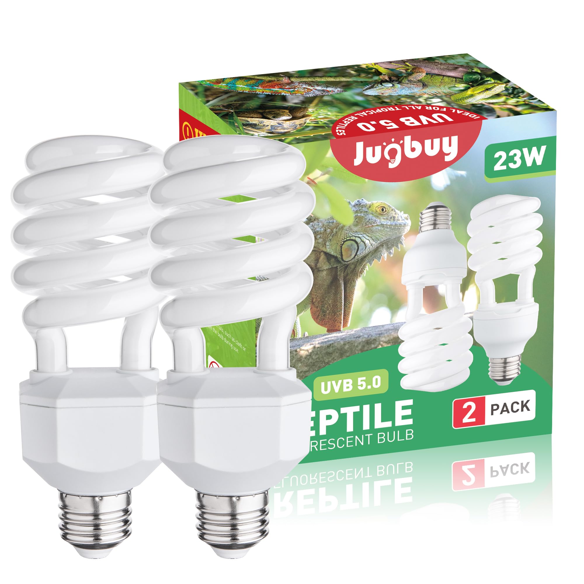 UVB Reptile Light Bulb 5.0, 23W UV Spiral Compact Florescent Terrarium Lamp Ideal for Tropical Reptiles Bearded Dragon Hermit Crab Turtle Leopard Gecko Tank Chameleons Iguanas Snake - 2 Pack