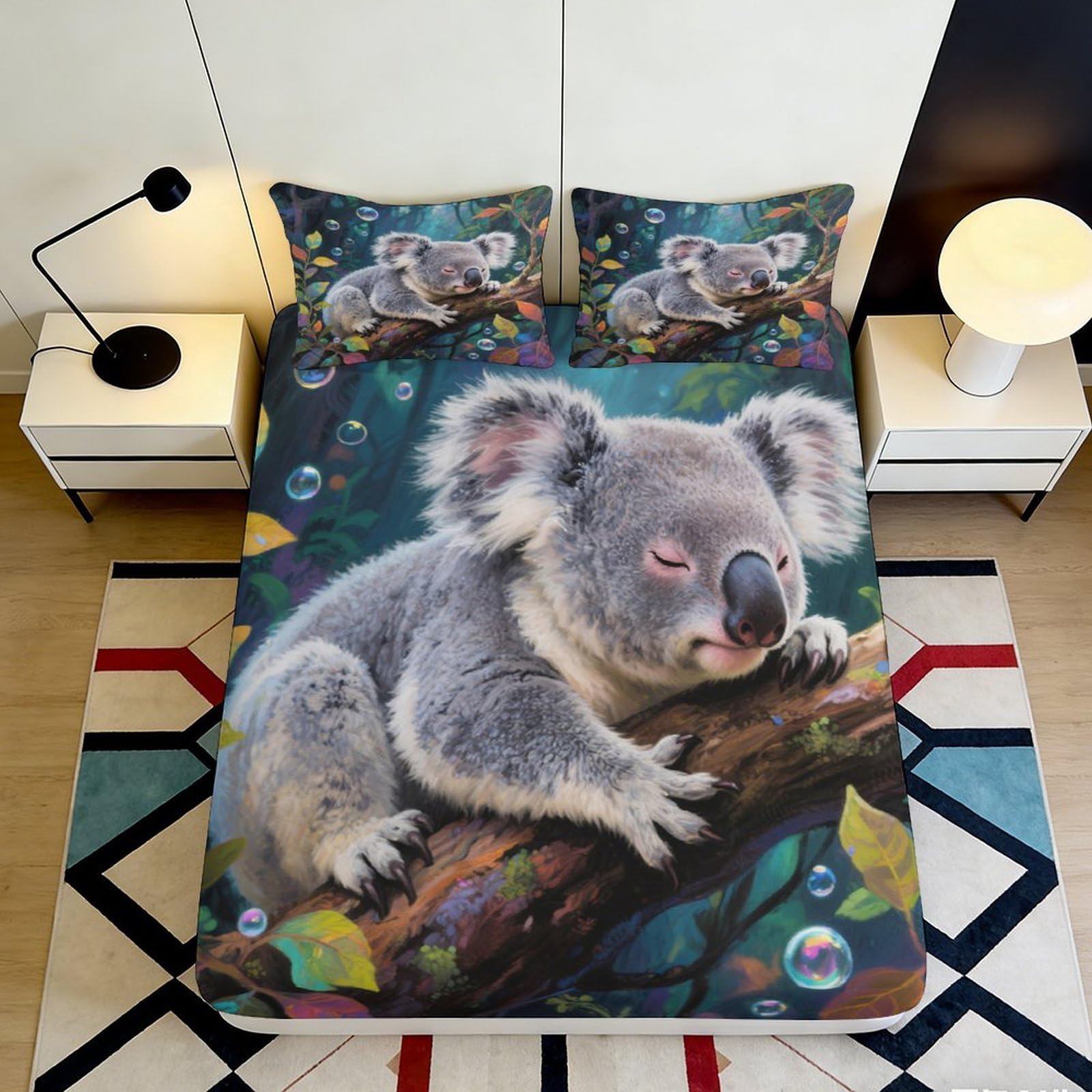 3D Printed Koala Forest Fitted Sheet Microfiber Soft Non-Slip Tree Branch Bed Cover for Bedroom Youth Guest Room Decor 90x200x25cm