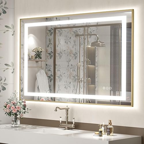 Miniatura 42 de OKPAL 50x30 Espejo de baño LED con marco negro, espejo iluminado para tocador de baño, iluminación frontal y trasera, regulable, antivaho, 3 Negro