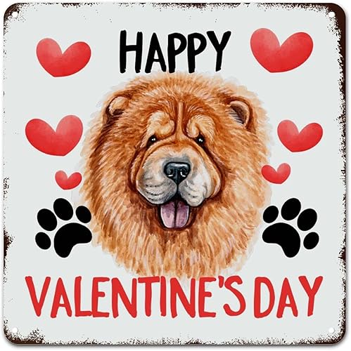 WoGuangis Metal Sign Wall Art Valentine Red Heart Chow Chow Dog Sign Happy Valentine's Day Dogs Retro Vintage Art Wall Plaque Funny Valentines Day