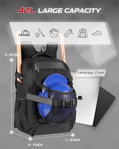 Miniatura 3 de Mochila grande de béisbol para adultos y jóvenes, bolsa de bate de sóftbol de 42L con casco ajustable desmontable con bolsillo de malla, ajuste de