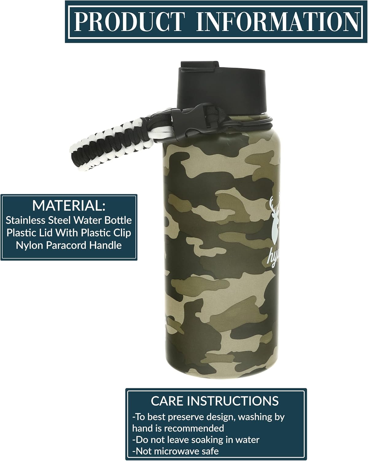 Pavilion Gift Company - Stay Hydrated 32 oz. Stainless Steel Water Bottle, Reusable Leak Proof BPA-Free Flask for Sports, Sweat Proof Sports Design, Hunting Gifts, Camouflage Bottle, 1 Count, Green