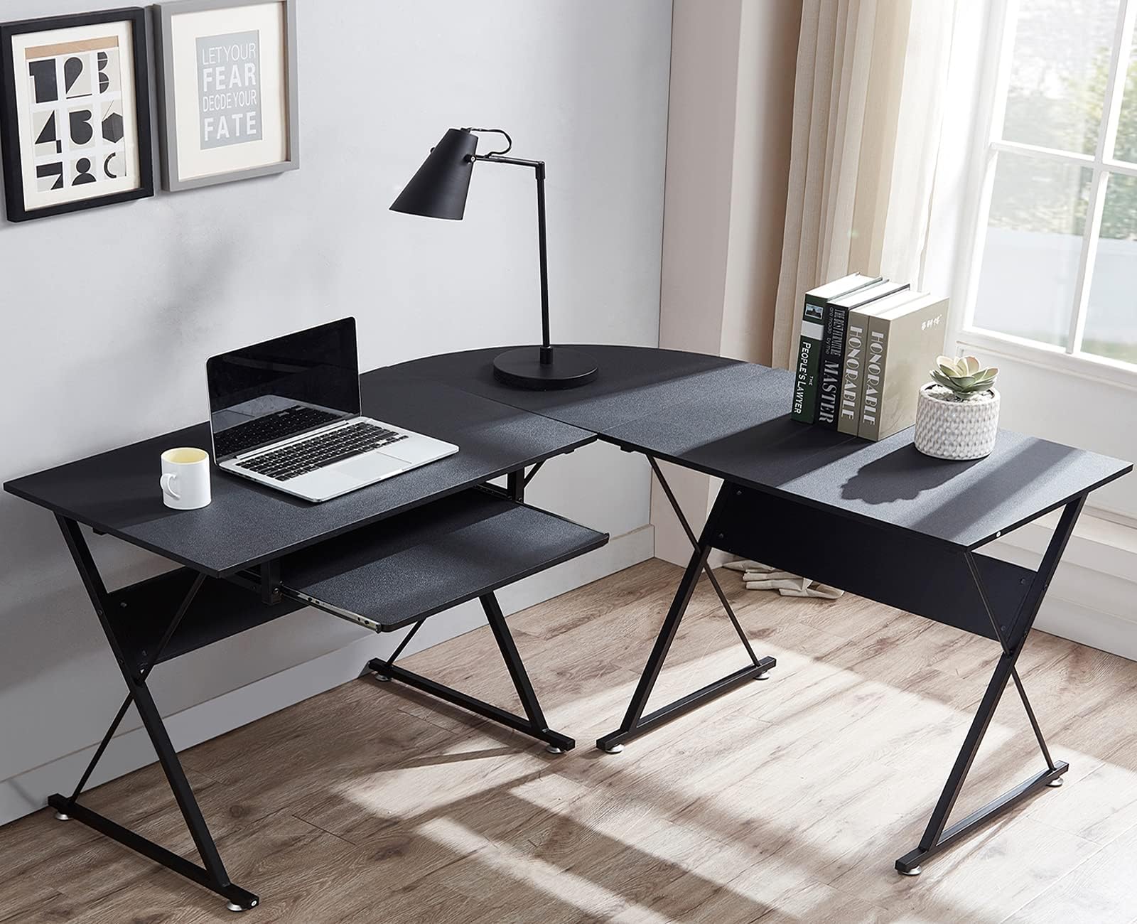 L Shaped Desk with Keyboard Tray Reversible Gaming Desk Corner Computer Desk for Home Office, Black Wood & Steel Frame Writing Study PC Workstation Table for Small Space