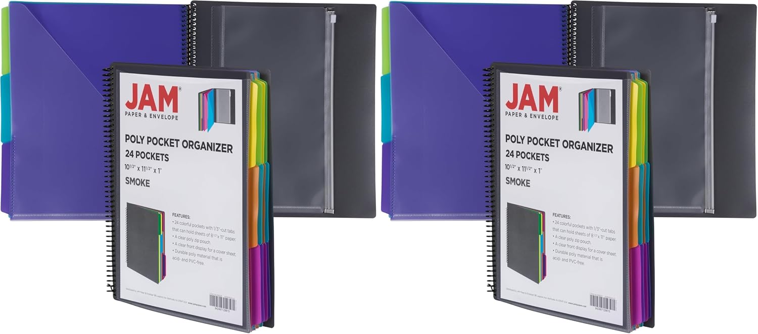 JAM PAPER Plastic Multi Pocket Folder - 24 Pocket Organizer with Zipper Pouch - Smoke Grey with Colorful Tabs - 10 1/2 x 11 1/2 - Sold Individually (Pack of 2)