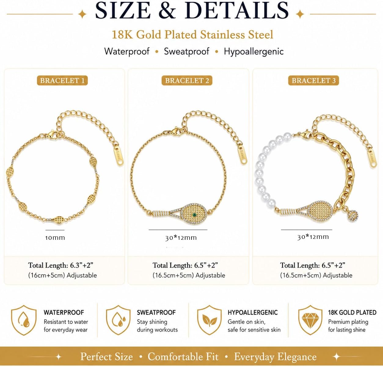 NUZON Tennis Racket Charm Bracelet for Women 18K Gold Plated Stainless Steel Racket Link Bracelet with Green CZ / Pearl & Cuban Chain / 5 Mini Racket Charms, Minimalist Waterproof Sports Jewelry for Tennis Lover Players