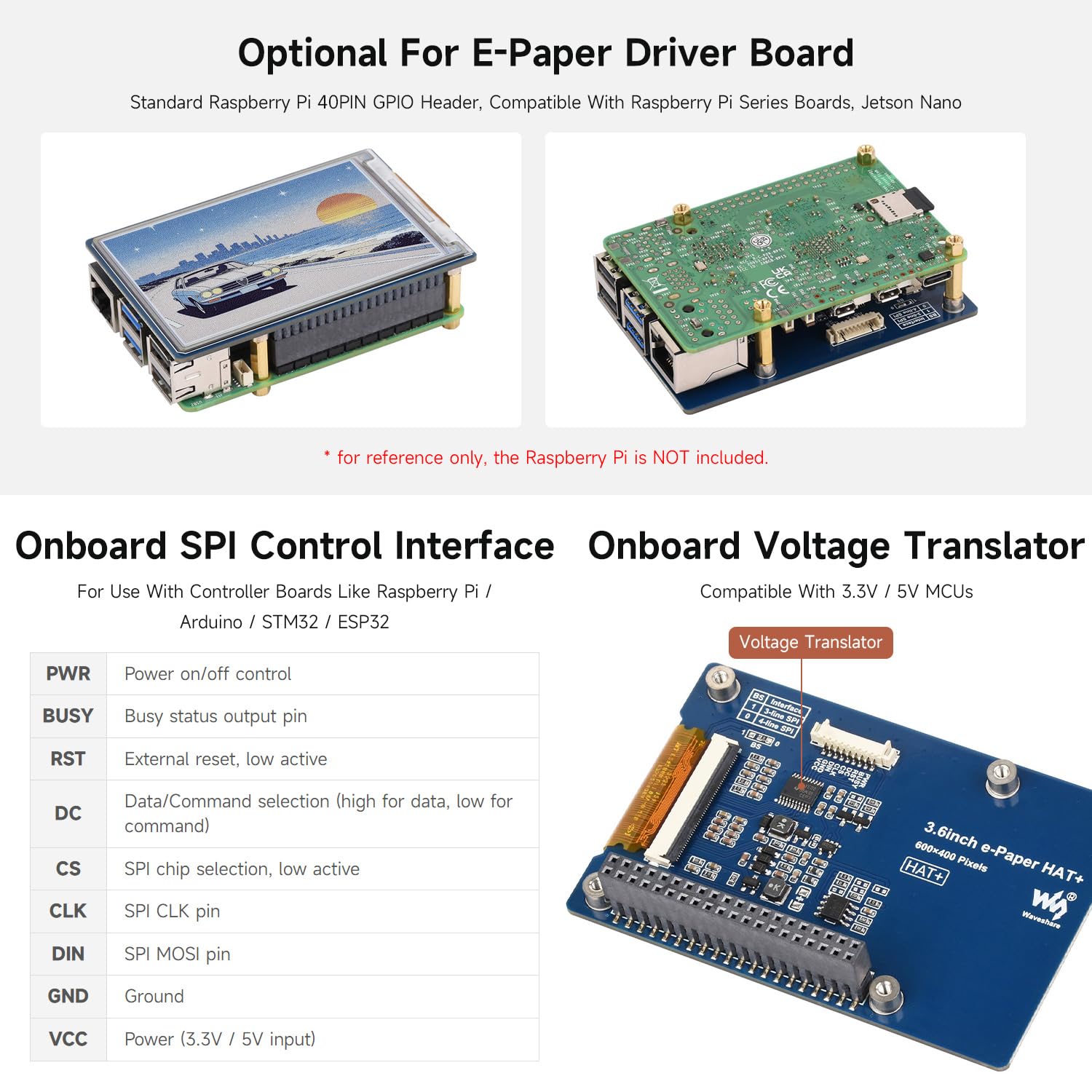 Waveshare 3.6inch E Ink Spectra 6 (E6) Full Color E-Paper Display, 600×400 Pixels, SPI Communication, with HAT+ Standard Driver Board, E-Ink Display