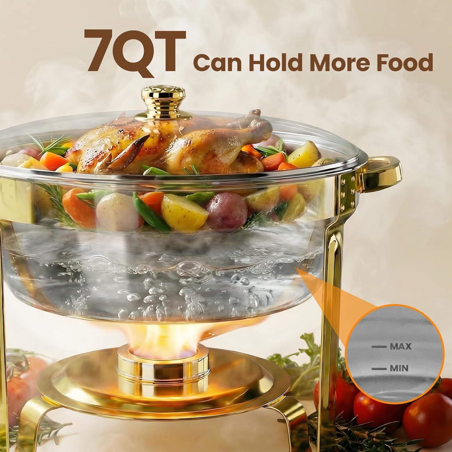 7QT Gold Chafing Dishes for Buffet Set of 4 Pack, Round Buffet Servers and Warmers Set with 4 Spoons, 4 Slotted Spoons, 4 Tongs, 2 Gloves, Chafers and Buffet Warmers Sets for Wedding, Birthday,Party