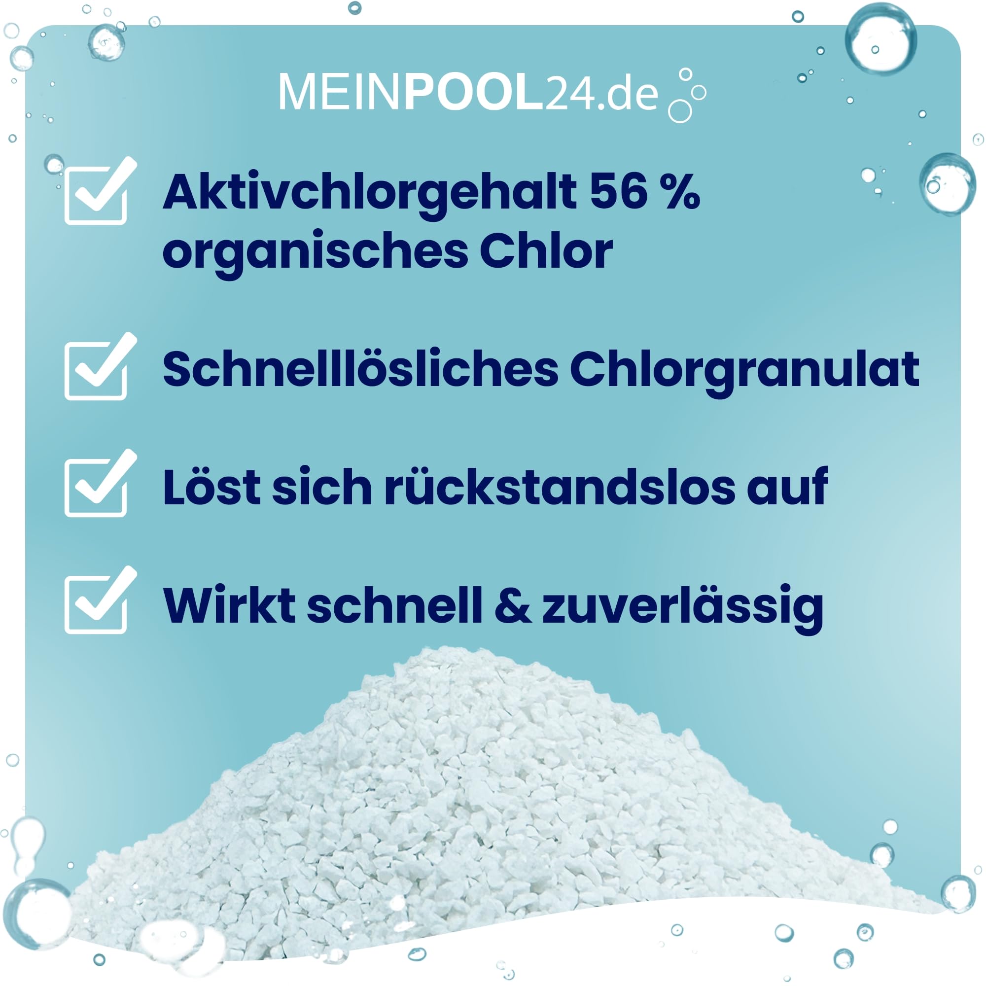 5 kg MEINPOOL24.DE Chlorgranulat schnelllöslich 56% AKTIVCHLOR POOLCHEMIE - Deutsche Markenqualität - Sichere und schnelle Desinfektion - für Pools, Aufstellpools, Whirlpools, Planschbecken