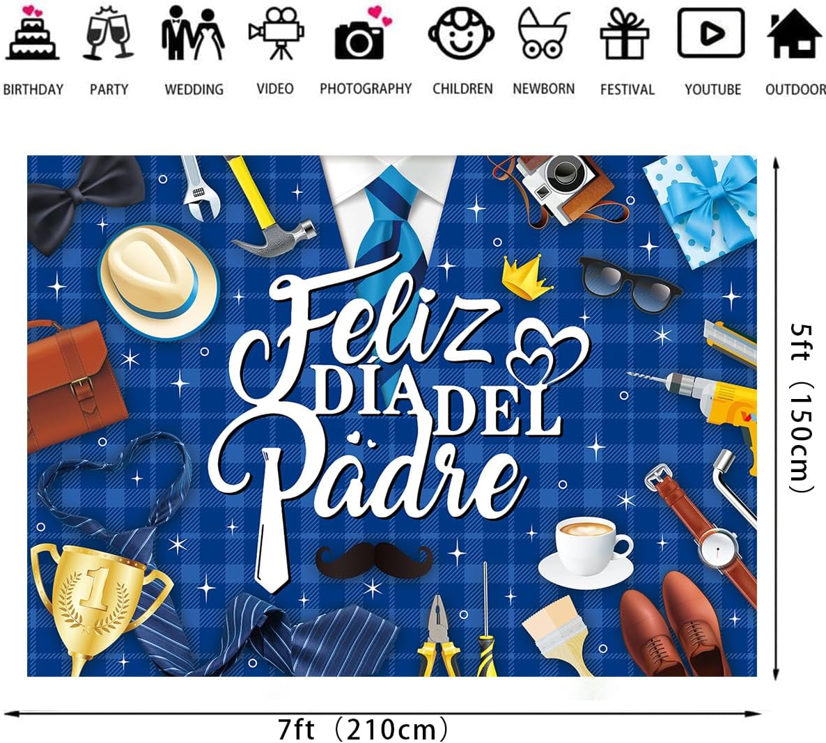 Feliz Día Del Padre Backdrop 7x5FT Spanish El Mejor Papá Banner Background Royal Blue Happy Father's Day Party Decorations Supplies Photo Props