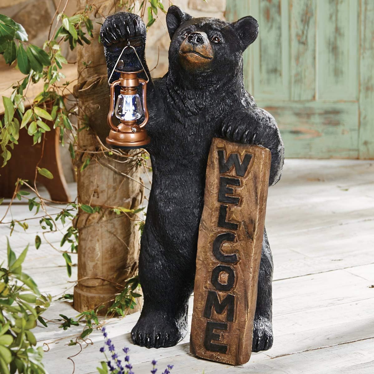 BLACK FOREST DECOR - Welcome Bear Solar Lantern - Outdoor Patio & Garden Décor with Solar Light, 18" W x 16" D x 33" H