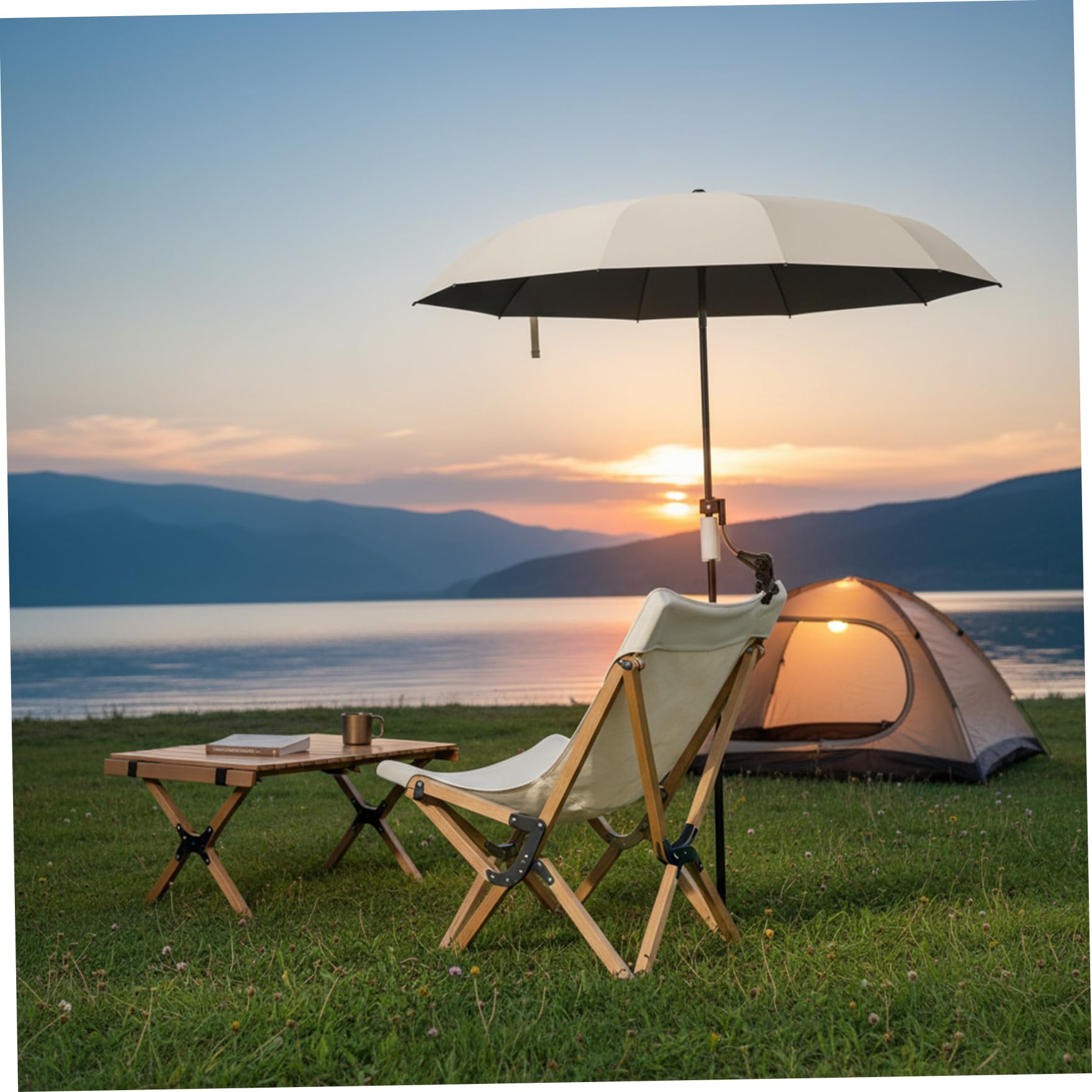 Ombrello portatile con clip per sedia 45.28 - Parasole regolabile a 360° con morsetto per sedie da campeggio e da esterno