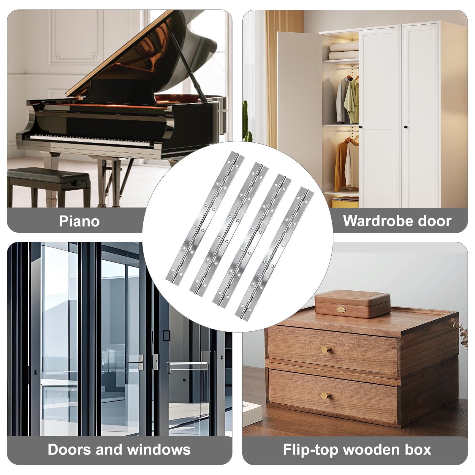 Bisagra de Piano de Acero Inoxidable 4 Piezas Bisagra Plegable con 12 Orificios con 48 Piezas de Muebles de Tornillos para Puertas de Armario, Barcos - 300 x 30 x 1,0 mm