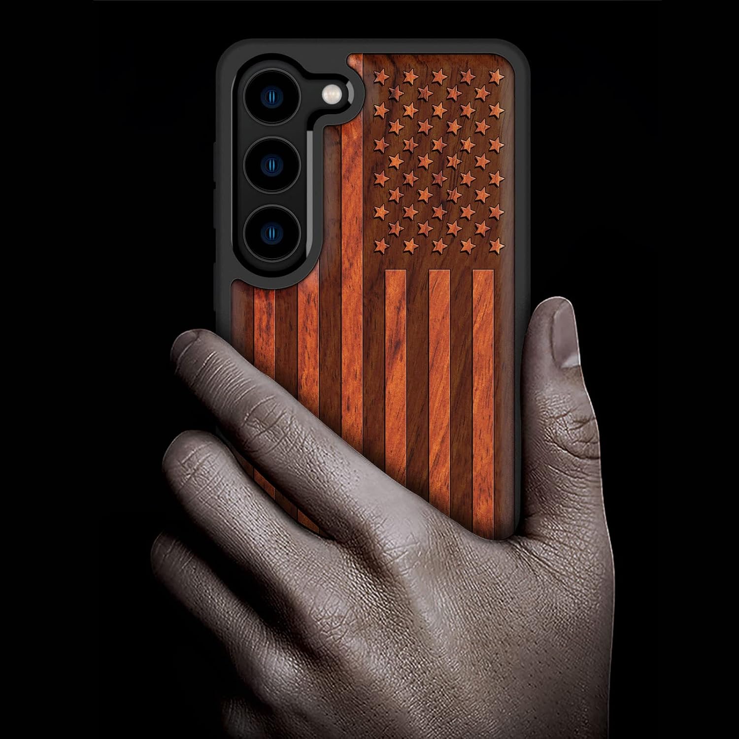 Carveit Wood Case for Galaxy S23 Case [Natural Wood & Black Soft TPU] Shockproof Protective Cover Unique & Classy Wooden Design Compatible with Samsung S23 (American Flag-Rosy)