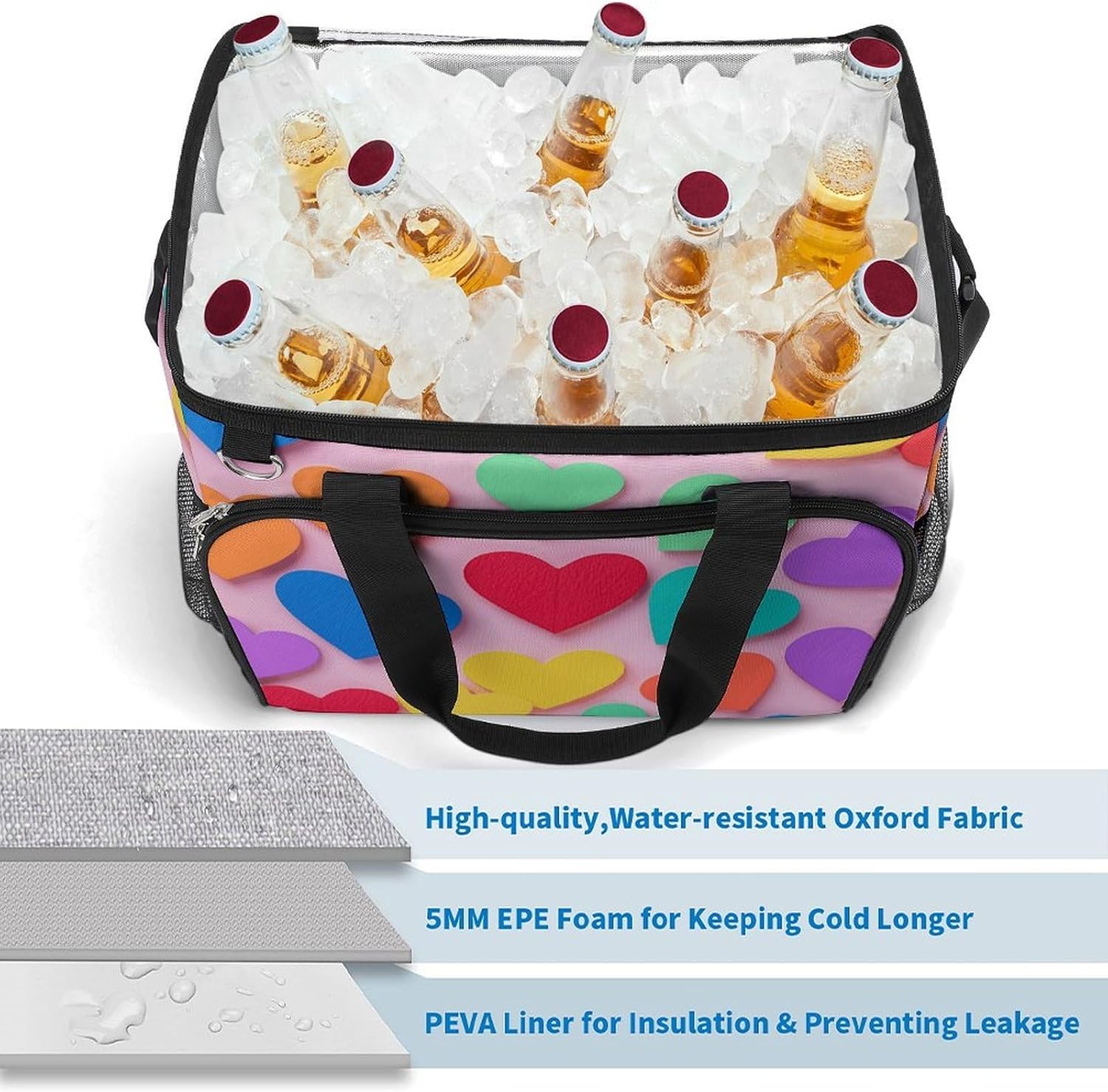 Insulated Picnic Backpack Tote Bag, Large Capacity 30L Colored Love Hearts Cooler Bag Leakproof Beach Bags Portable Lunch Box Waterproof Picnic Basket for Beach Camping BBQ