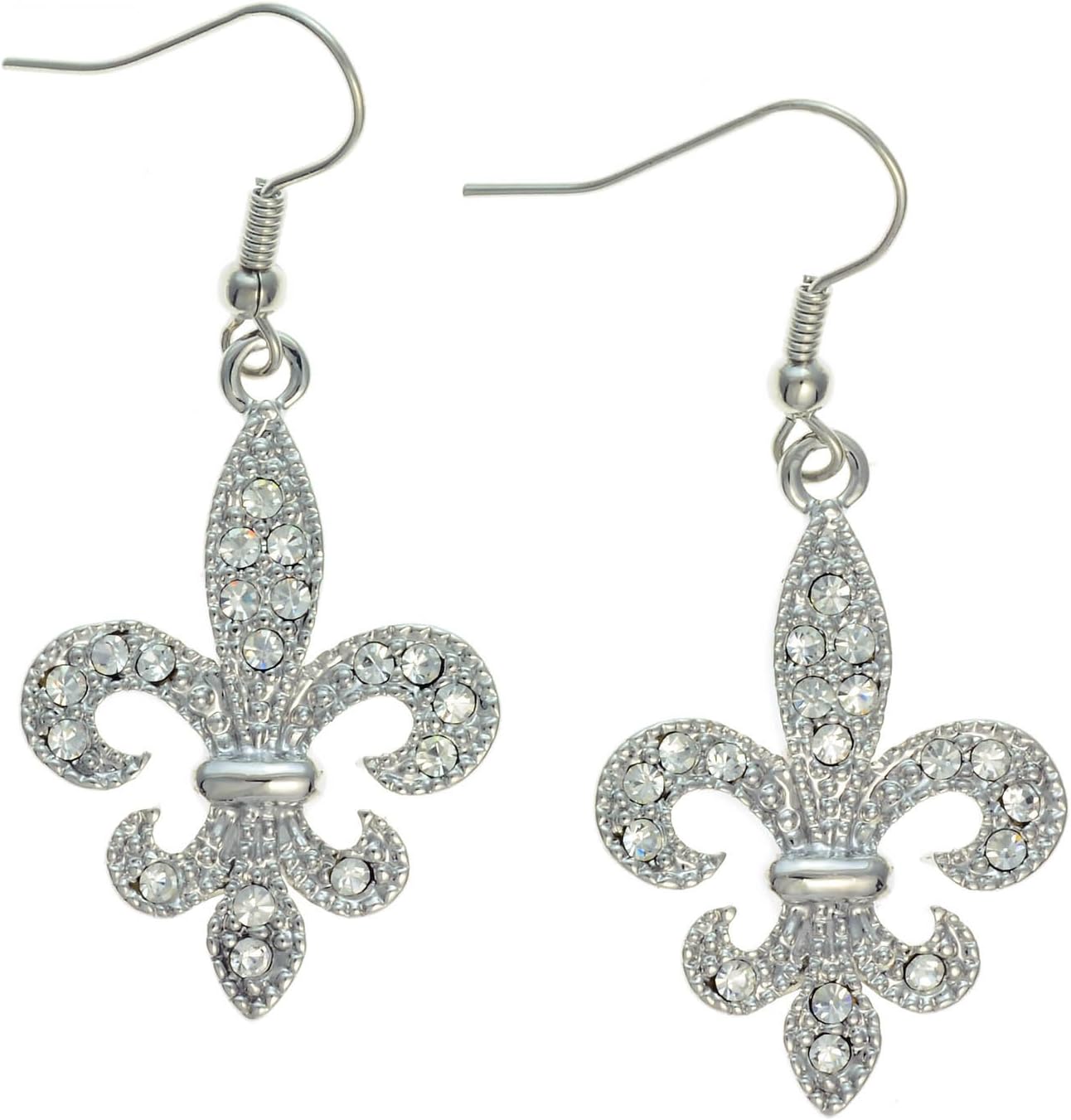 PammyJ Silvertone Clear Crystal Fleur De Lis Dangle Earrings