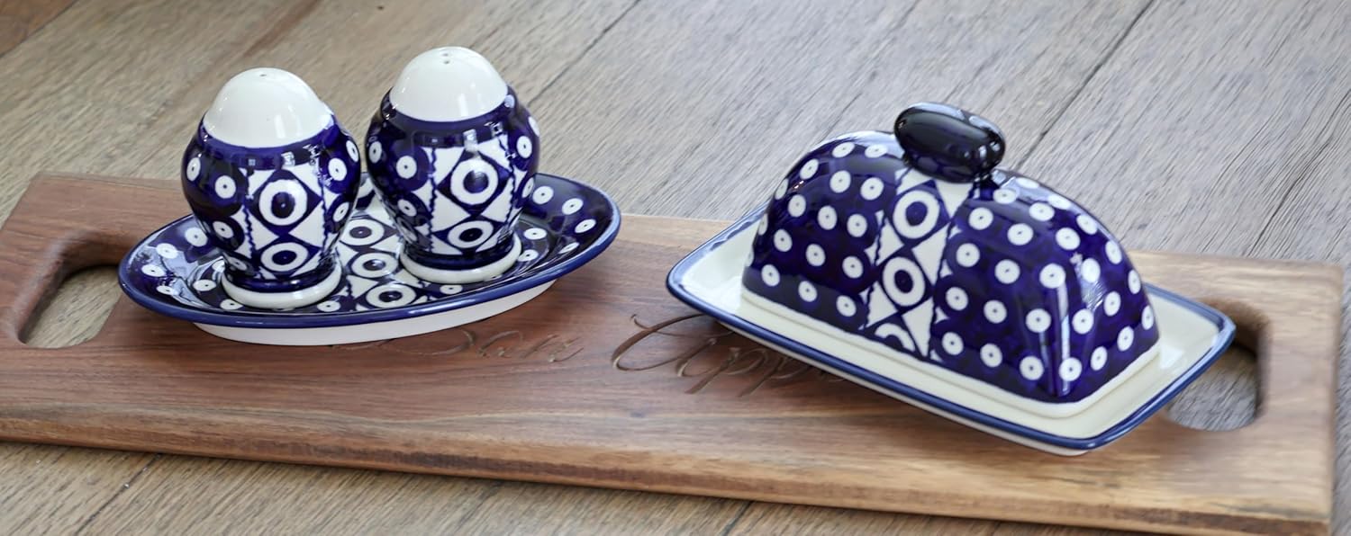 Blue Rose Polish Pottery - Blue Xena Salt & Pepper Shakers with Plate - 7.5" Tall - Hand-Painted Ceramic Seasoning Set for Table & Kitchen