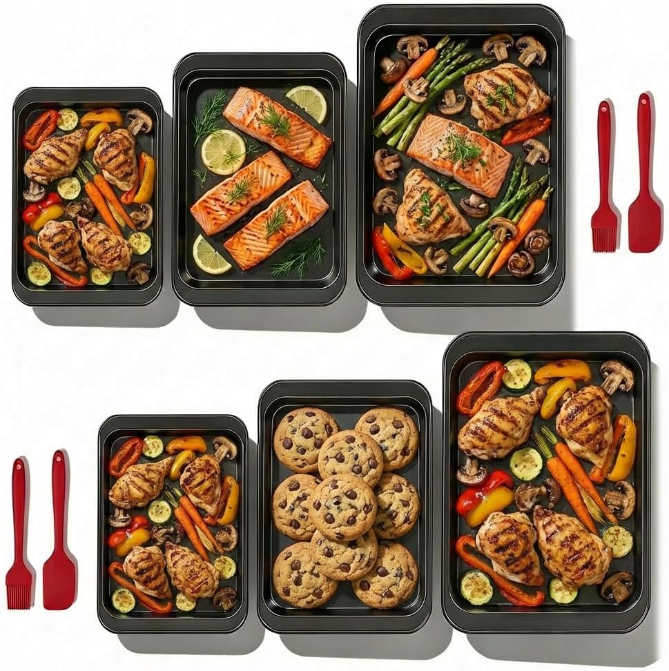 6 Piece Set Baking Pans Set, Rectangle Bakeware, Stackable Depth Bakeware, Nonstick Baking Sheets, Rust & Warp Resistant, Easy Clean