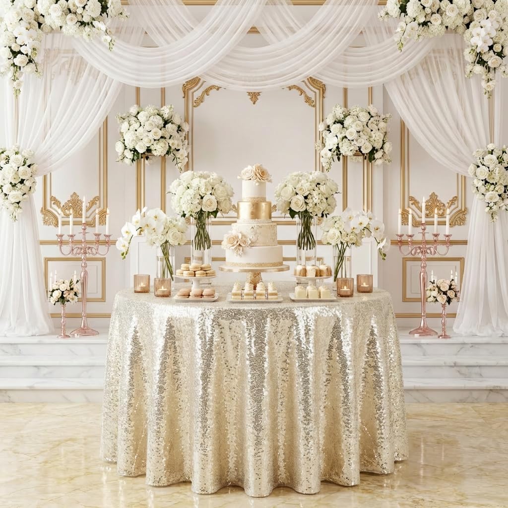 72 Inch Round Champagne Sequin Tablecloth, Metallic Glitter Sparkle Table Cover for Dining Banquet Table or Overlay, Sequin Fabric Table Cloths for Wedding Birthday Party Decorations