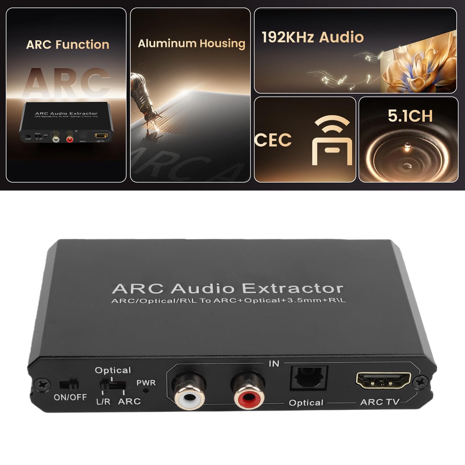 Estrattore Suono ARC 192KHz, Controllo Volume CEC, 4 Porte Uscita Simultanea, 5.1 Canali Ottici, Estrattore Suono ARC per TV Soundbar Home Theater