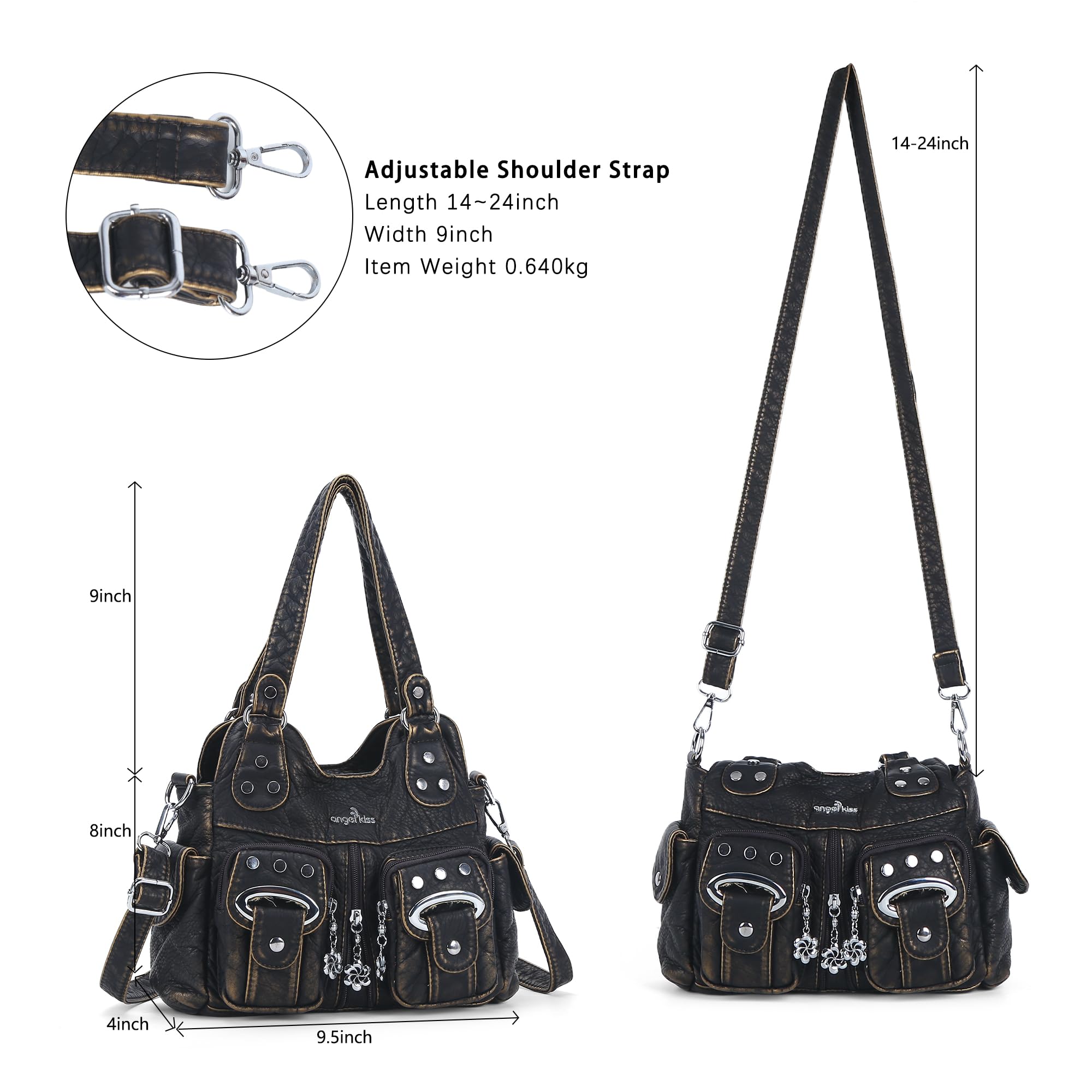 Angel Kiss Piccola borsa a tracolla da donna, in ecopelle lavata con molteplici tasche, borsa a mano con tracolla regolabile