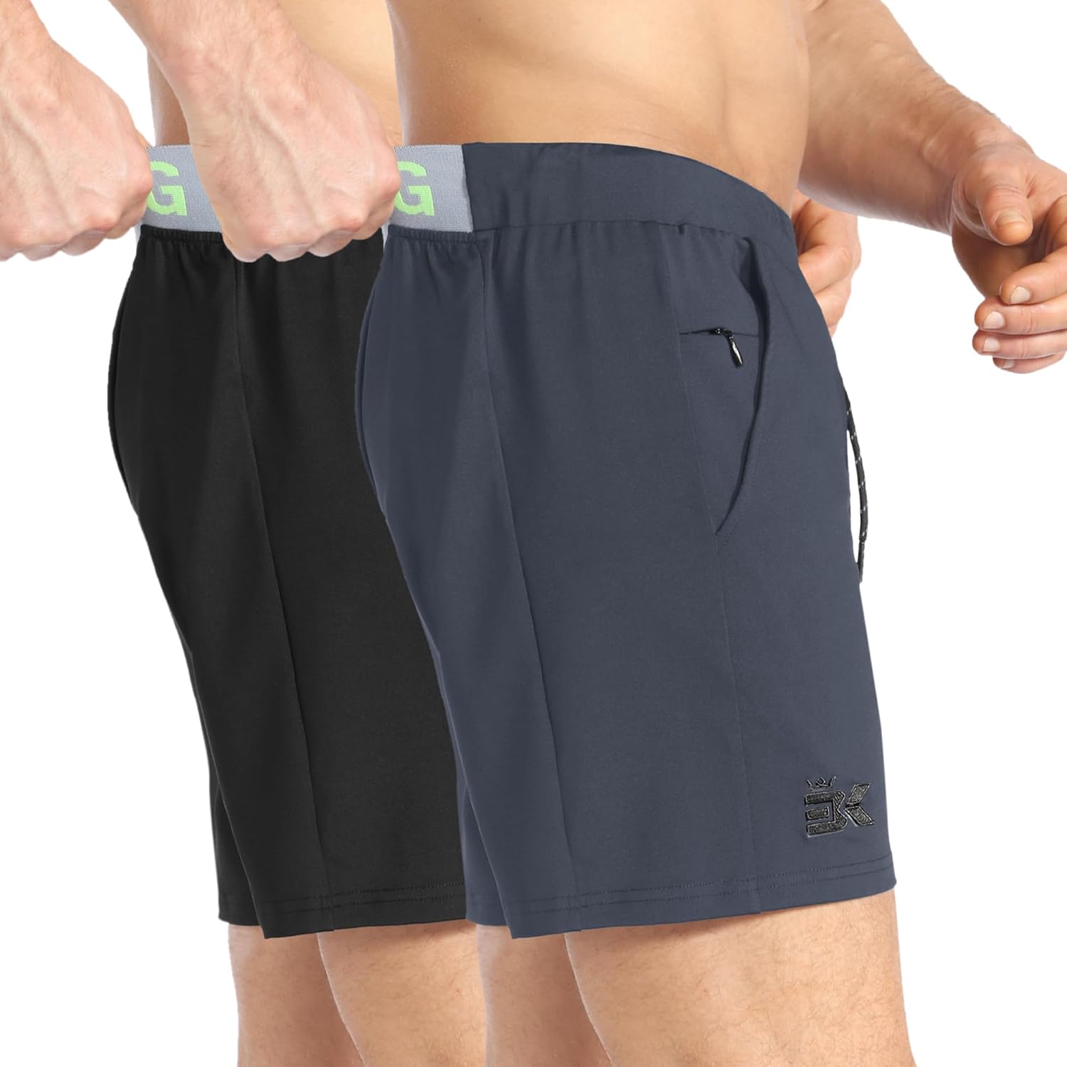 BROKIG Men's 2 Pack Elastic Waistband Gym Workout Shorts with Zipper Pocket 5.5" Stretch Lightweight Running Shorts
