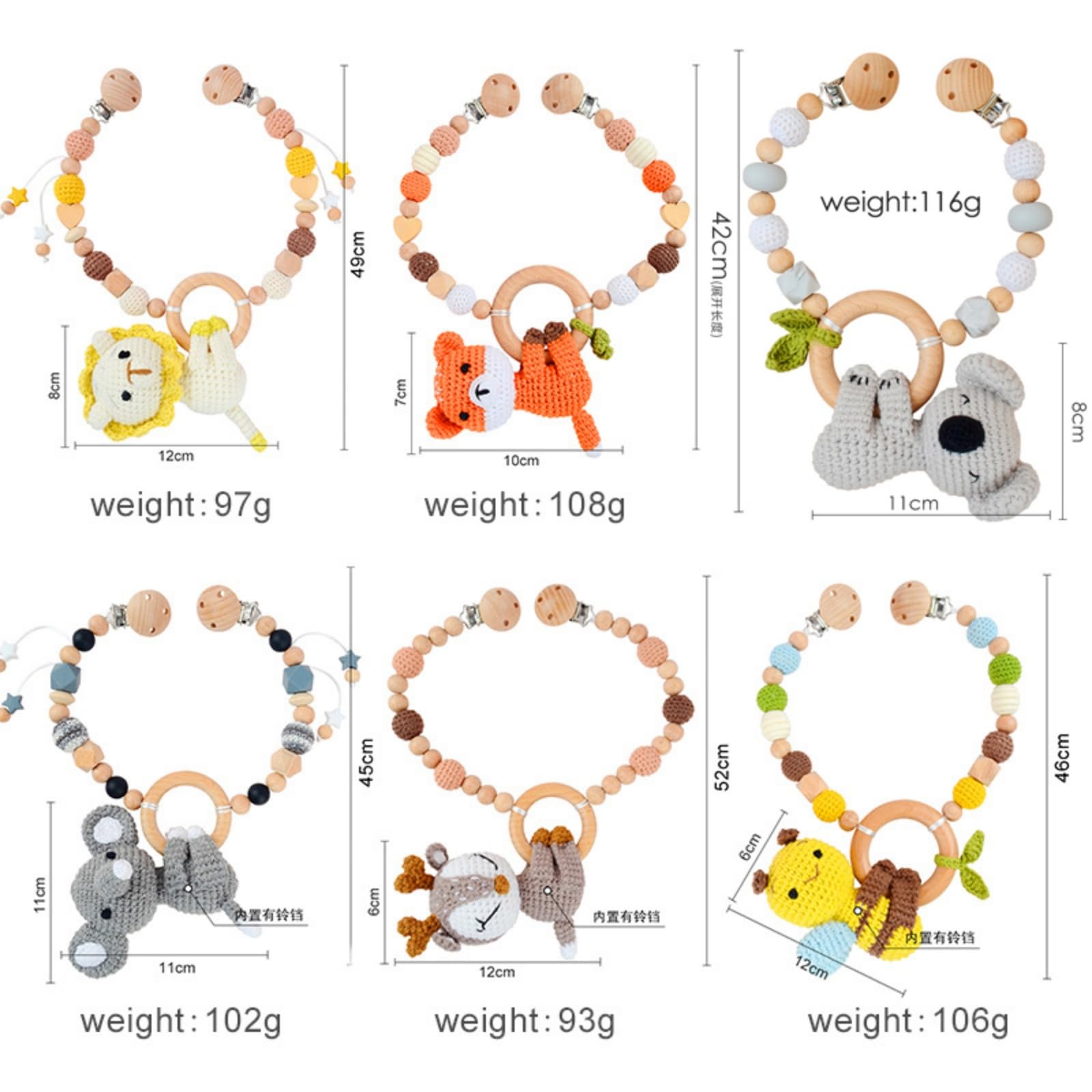 Kinderwagen Spielzeug, Kinderwagenkette Aus Holz und Baumwolle Gehäkelt, Kinderwagen Kette für Babys, Babyschale Spielzeug mit Glocke für Babys und Kleinkinder ab 0+ Monaten (C)