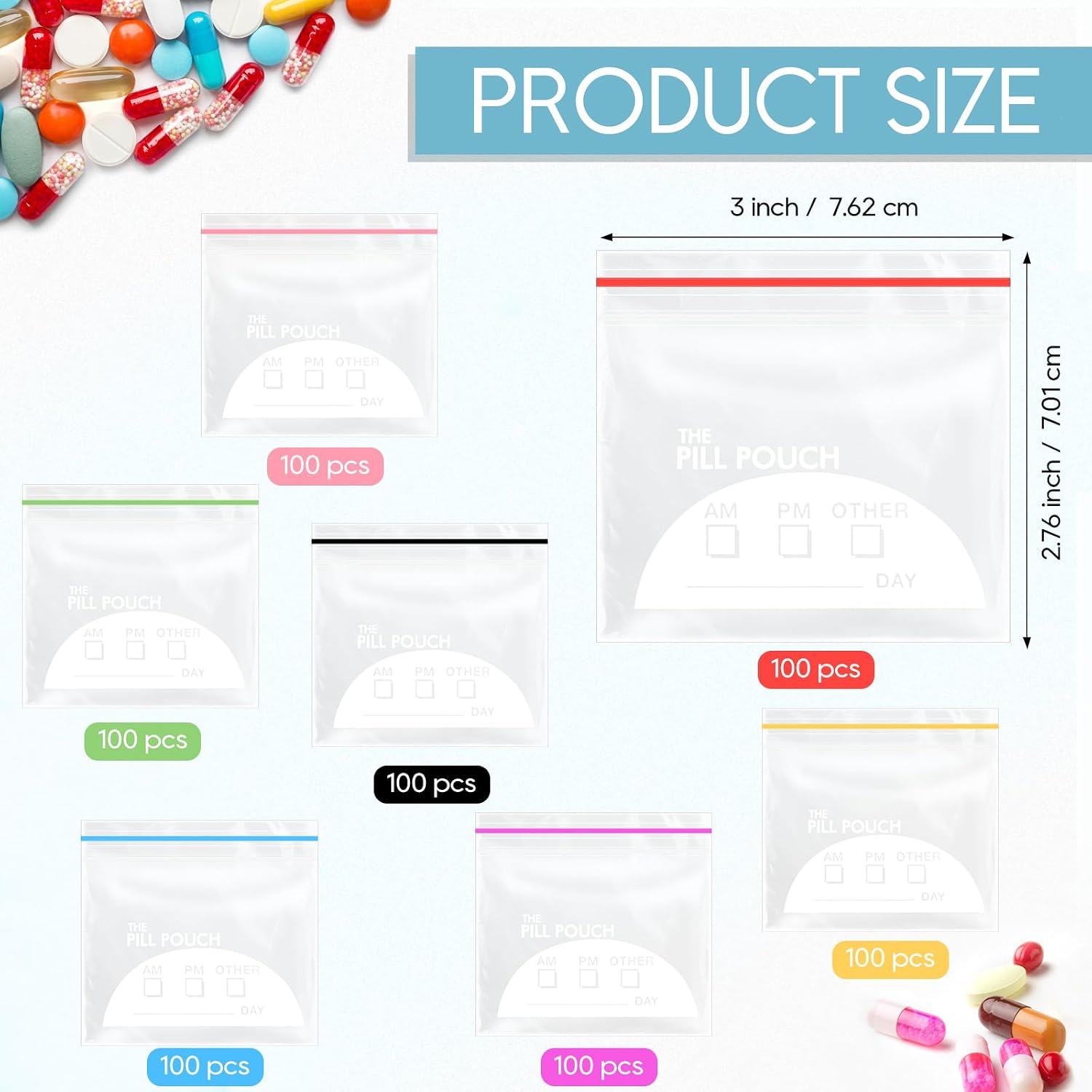 Fulmoon 350 Pcs Bulk Pill Pouch Bags Disposable 7 Colors Zipper Pills Bag Daily Travel Medicine Organizer Storage Pouches Clear Reusable for Small Items Storage(Candy Colors)