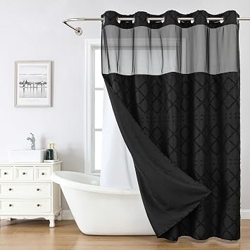 eachope Black No Hook Shower Curtain and Fabric Liner Set, Boho Tufted Chevron Striped and Shabby Chic Textured Shower Curtain with a See-Through Top Window, Hotel Decor, 71" W x 74" H