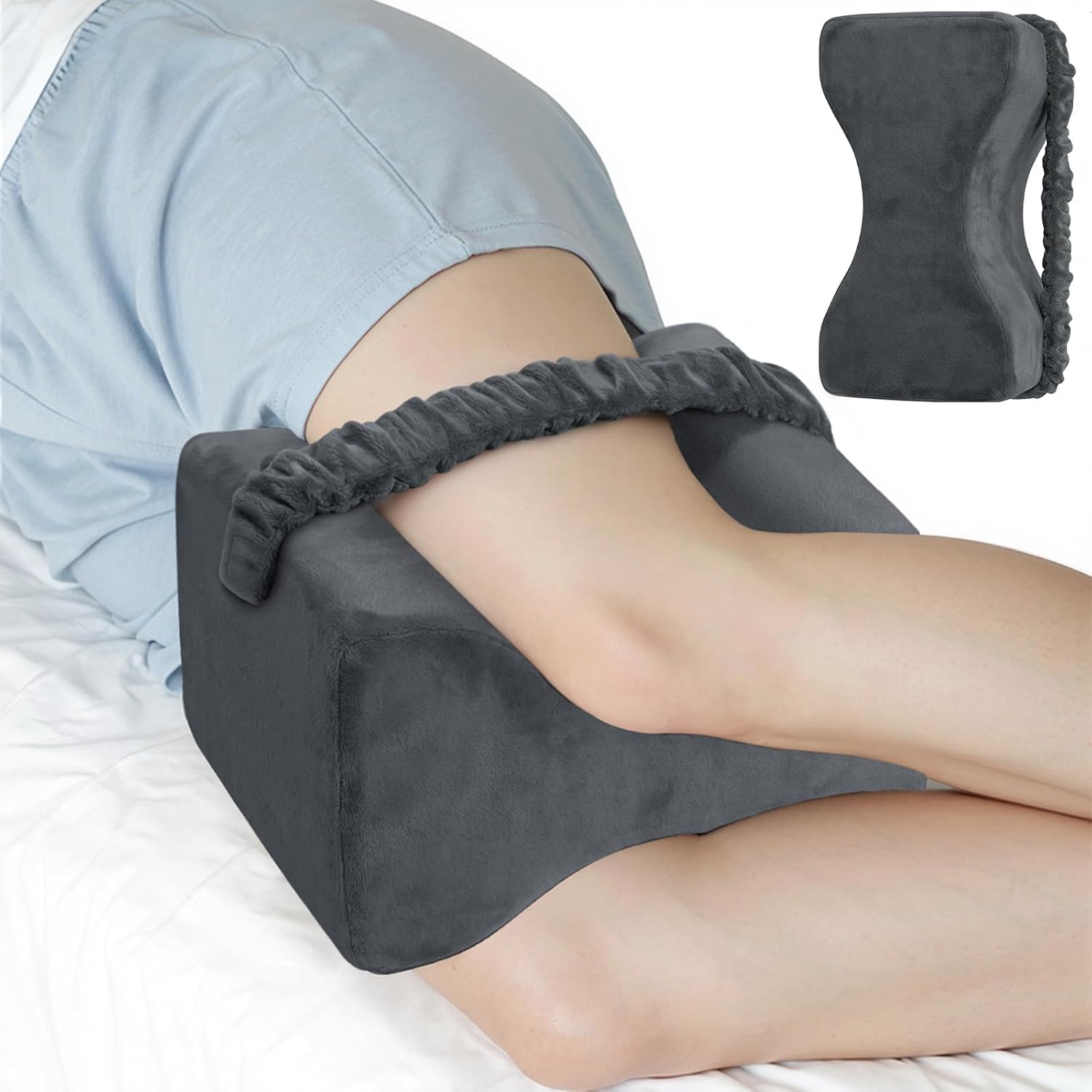 Knee Pillow for Side Sleepers, Memory Foam Leg Pillow with Strap for Side Sleeping, Supportive Elevation Pillow Between Legs for Knee, Ankle Sciatica, Pregnancy, Joint Pain (Gray/Medium)