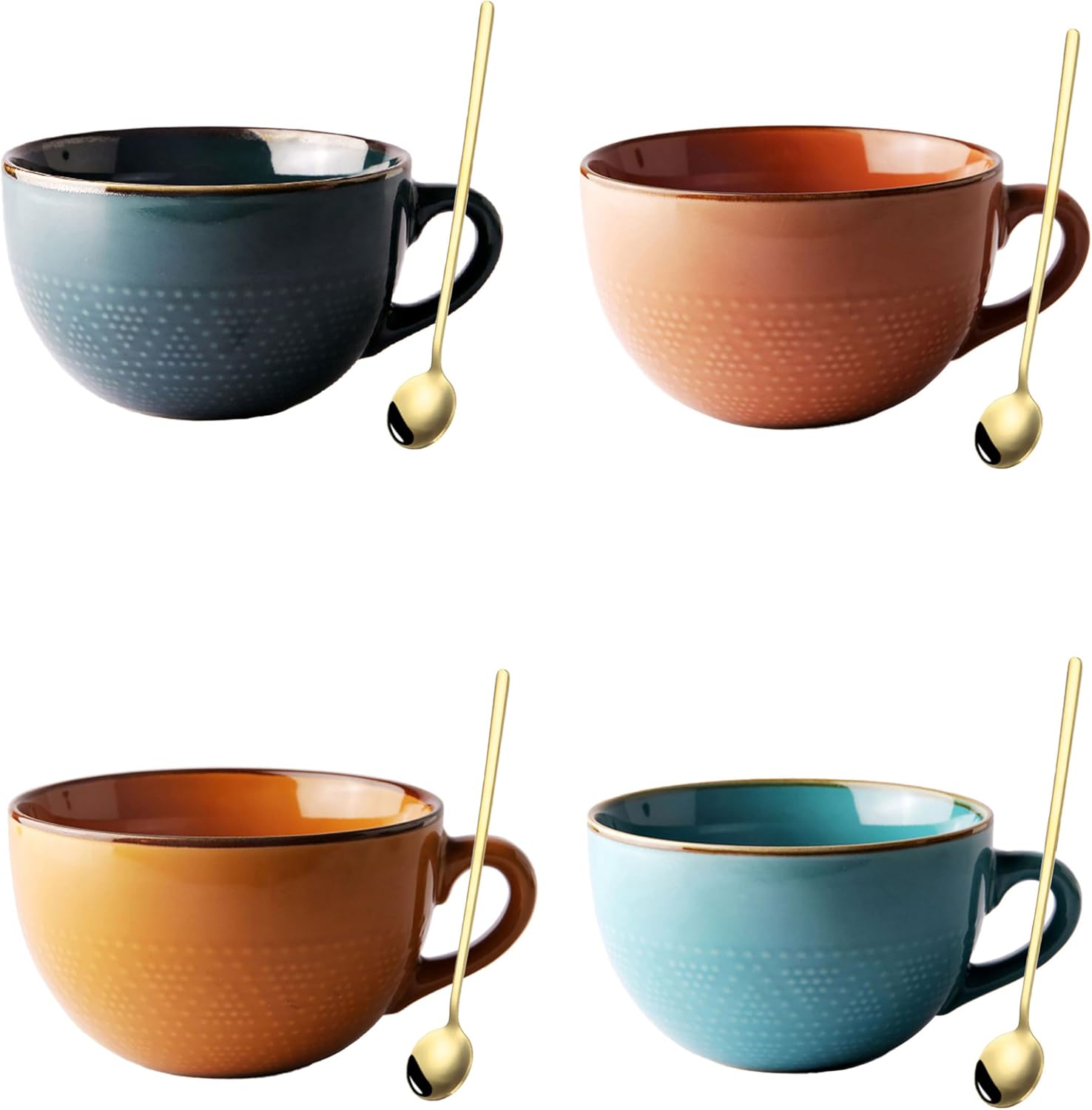 700 ML Large Ceramic Coffee Mug with Spoon，Grain Soup Cup/Coffee Mug/Salad Bowl for Tea, Ice Cream, Cereal (4-piece set)