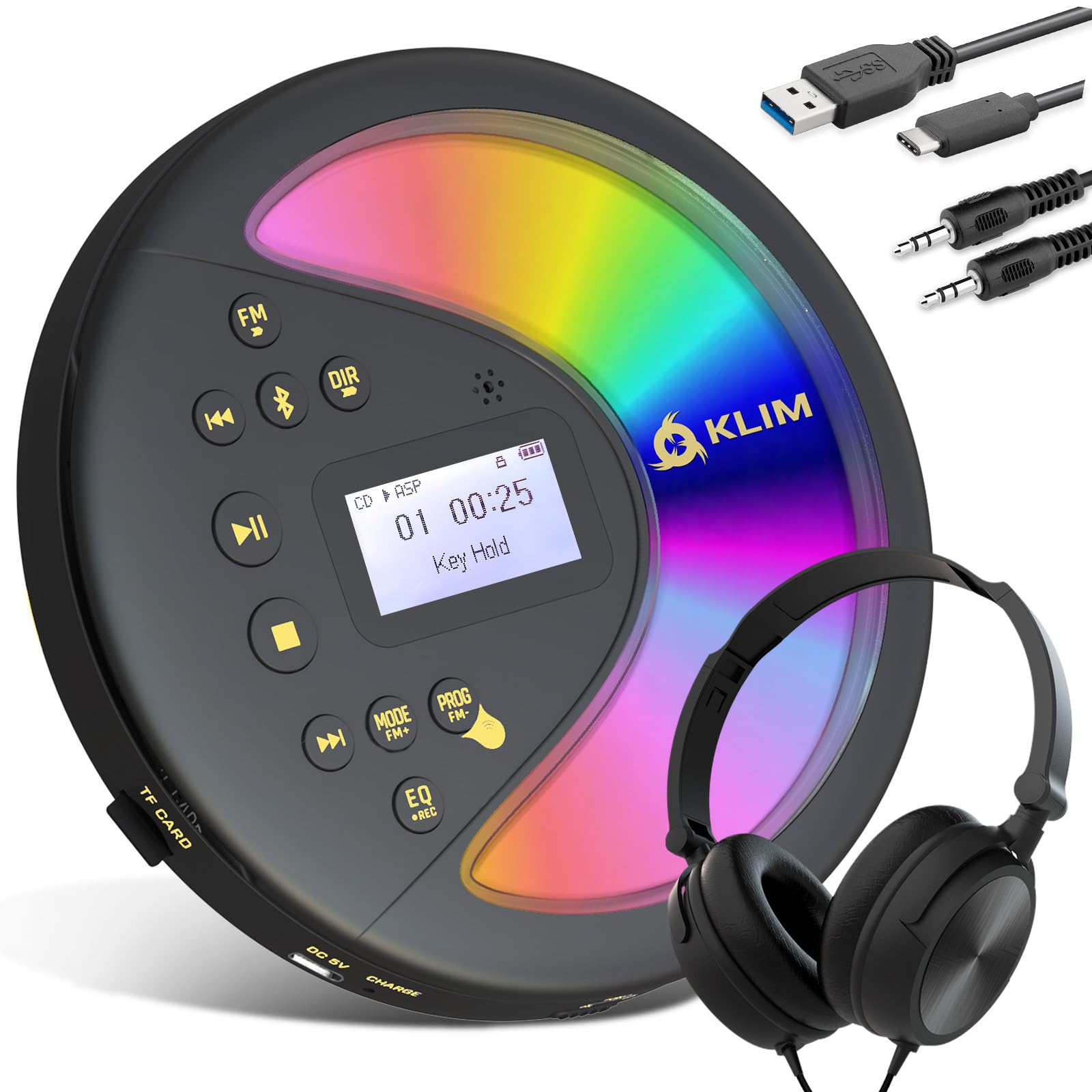KLIM Discover Mit Kopfhörern - Tragbarer CD-Player mit langlebigem Akku - Kompatibler MP3-CD-Player - SD-Karte, FM-Transmitter, Bluetooth - Ideal für Autos - Portable CD Player - Schwarz/Gold