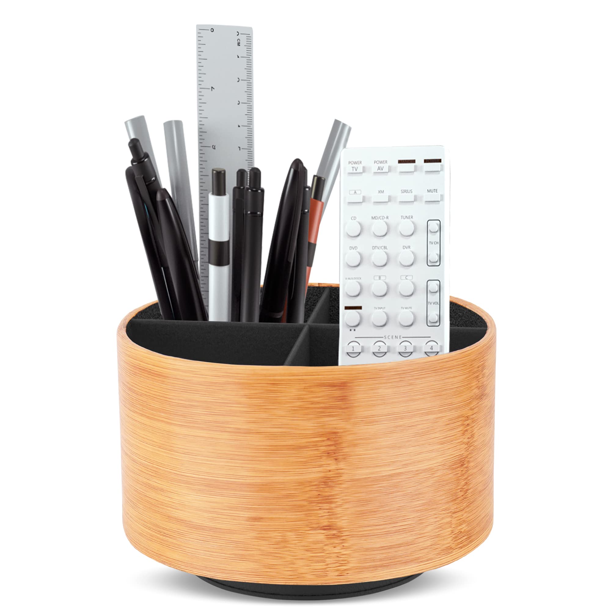 Hennaja Round Leather Art Supply Organizer,Remote Control Holder,360 Degree Spinning,Multi-Functional Pencil Holder,4 Compartments Desktop Stationary