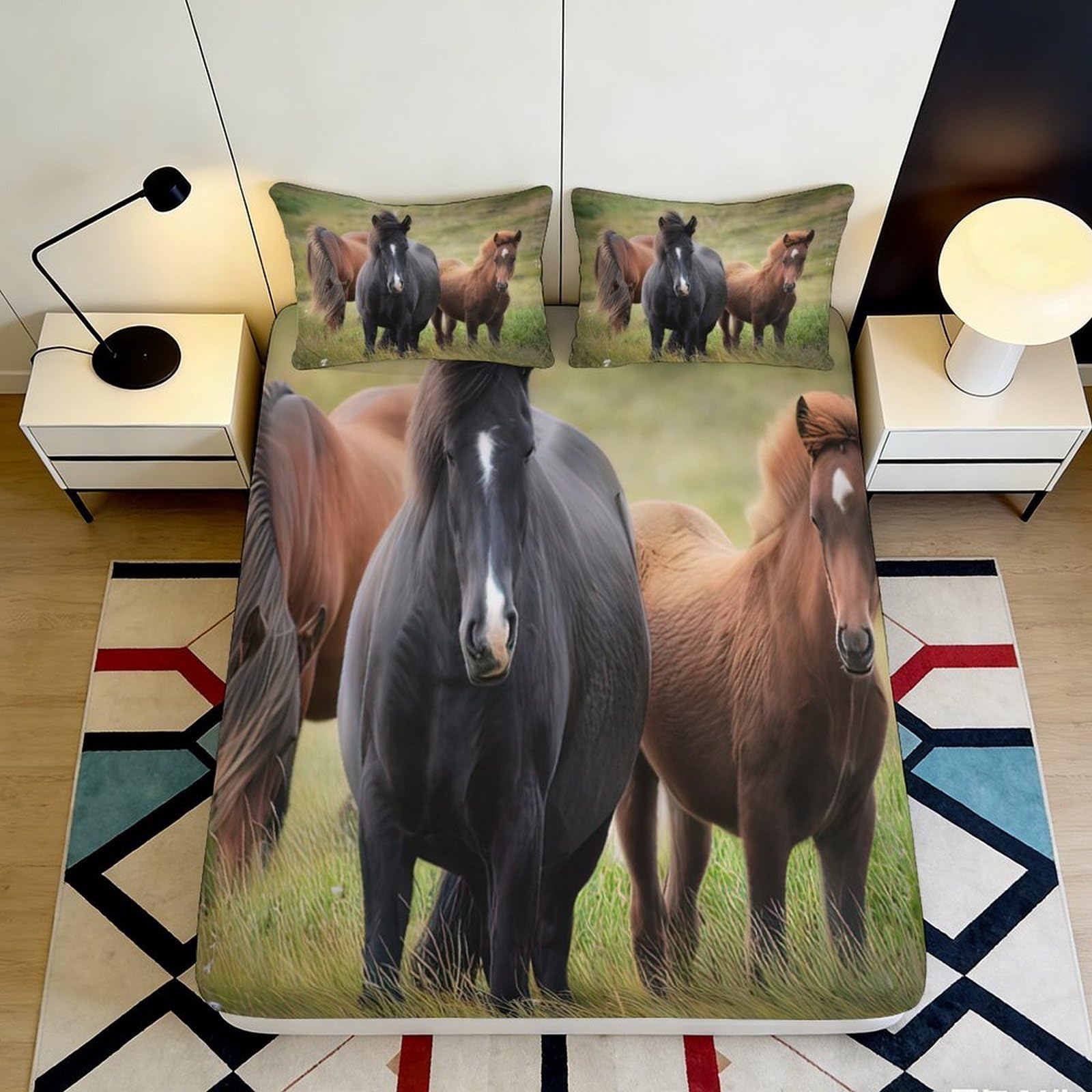 Pnayamiorkfel Style-3 3D Printed Running Horses Fitted Sheet Microfiber Soft Brown Black Bed Cover For Bedroom Guestroom Decor 90X200x25cm