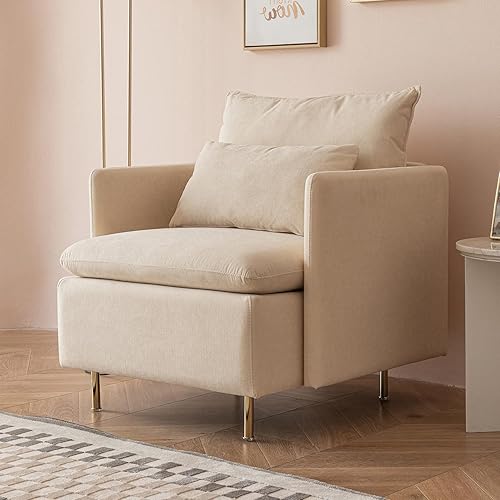 Sillón moderno de acento individual, cómodo sofá de tela de lino y patas de metal dorado con almohada lateral para sala de estar, dormitorio,