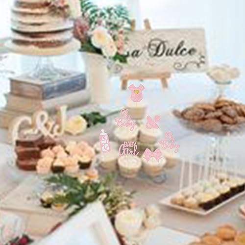 Miniatura 7 de Paquete de 24 adornos para cupcakes para niñas con la frase "It's a Girl" con purpurina, enterizo para chupete con lazo, revelación de género,