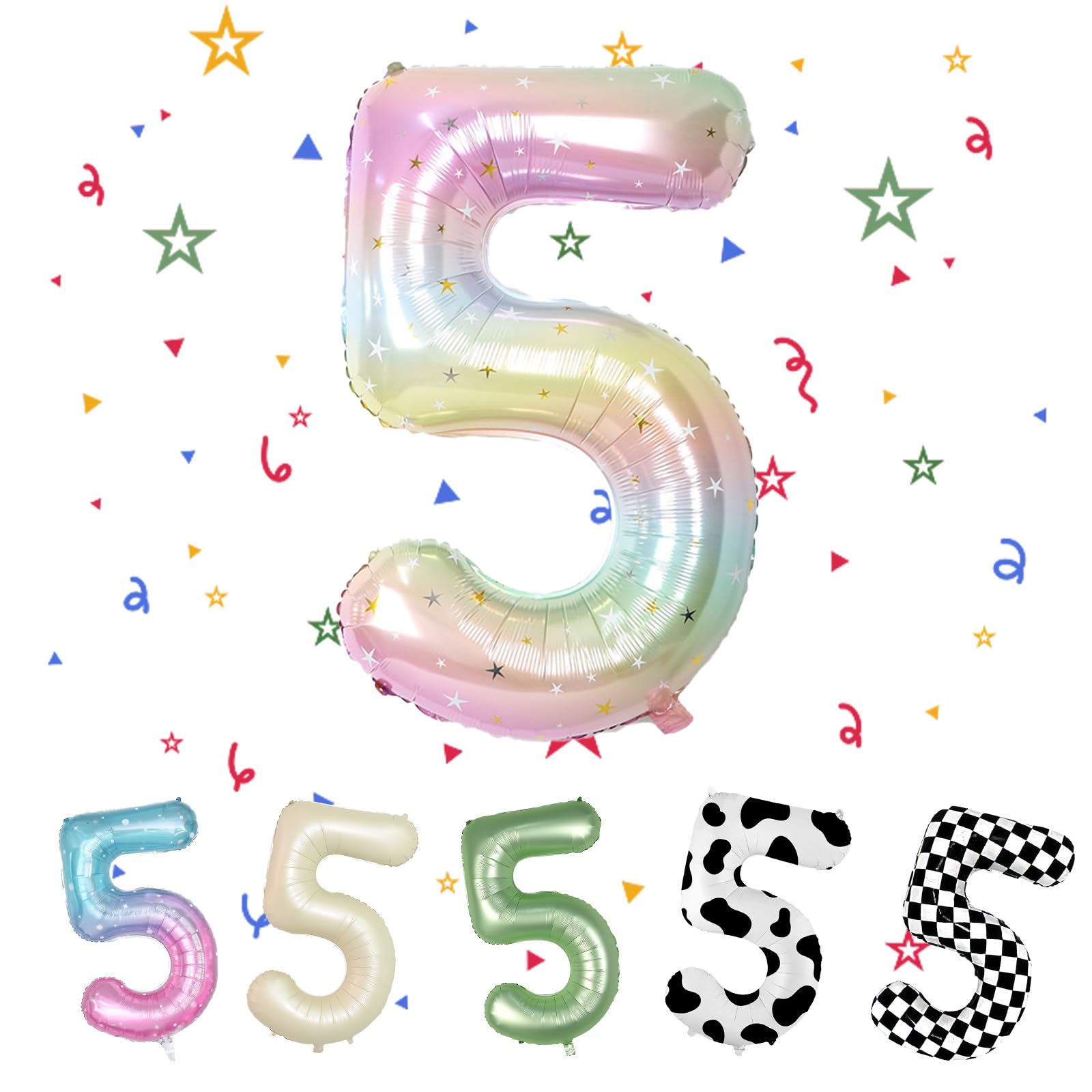 Number 5 Balloon, Rainbow Balloon Number, 40" Number Balloons, 5th Birthday Balloon for Girl, Number 5 Colorful Star Number Balloon for Rainbow Party 5th Birthday Decorations for GirlsCarbonfree Certified