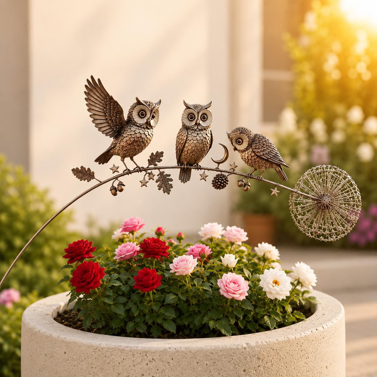 RJSQAQE Robin Garden Stake,Rustic Owl Yard Art Decorations with Wildflower Accent,Metal Robins Bird Garden Sculpture,Outdoor Yard Art Stake for Lawn Patio Flower Bed Walkway,Memorial Gift