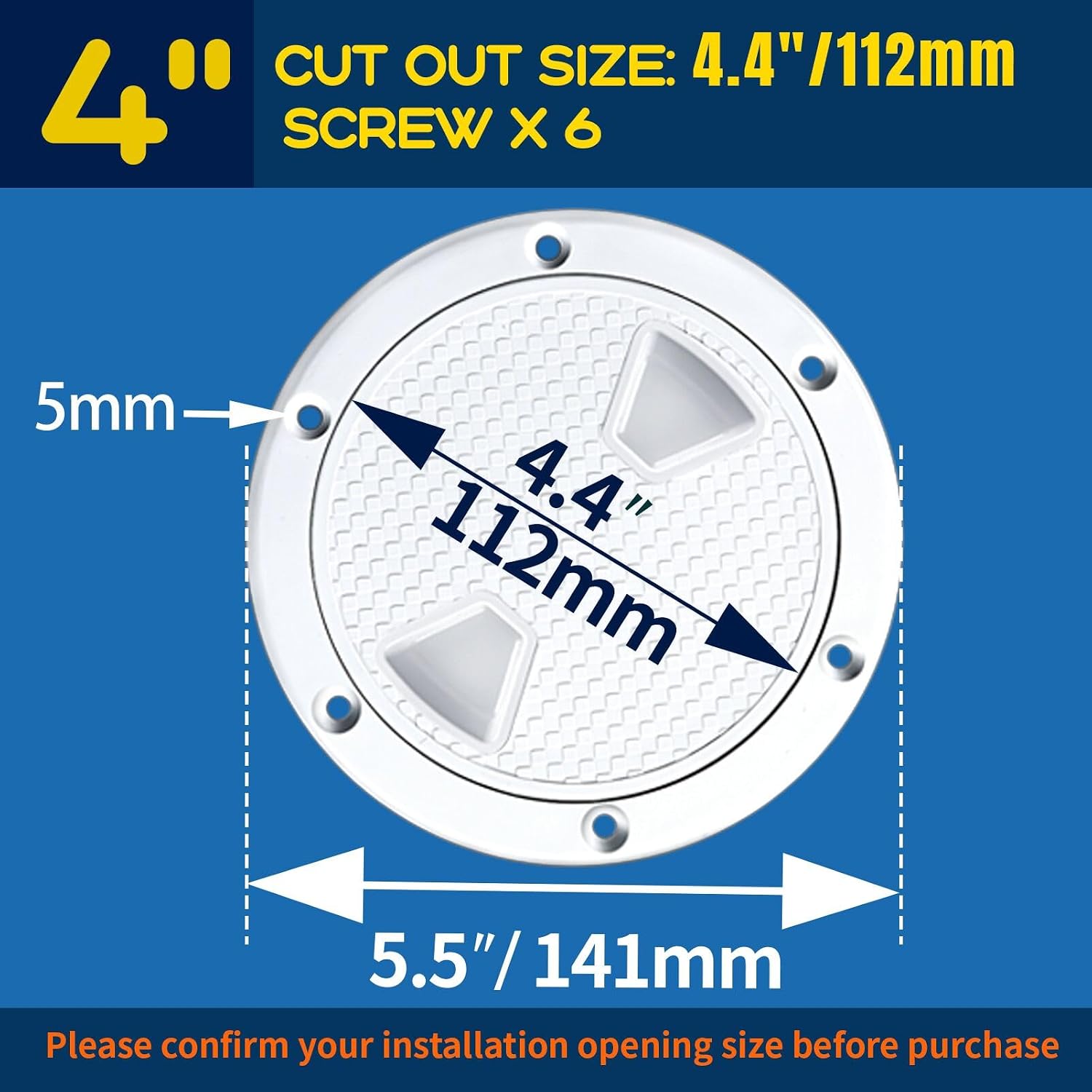 Smartmarine Boat Hatch White 4"6"8" Round Non Slip Inspection Hatch w/Detachable Cover for Marine Boat Yacht (4 inch)