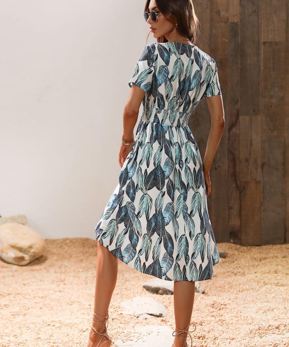 Summer Dress Women's Casual V-Neck Floral Dresses Elegant Short Sleeve Elastic High Waist Bohemian Holiday Dress image 3