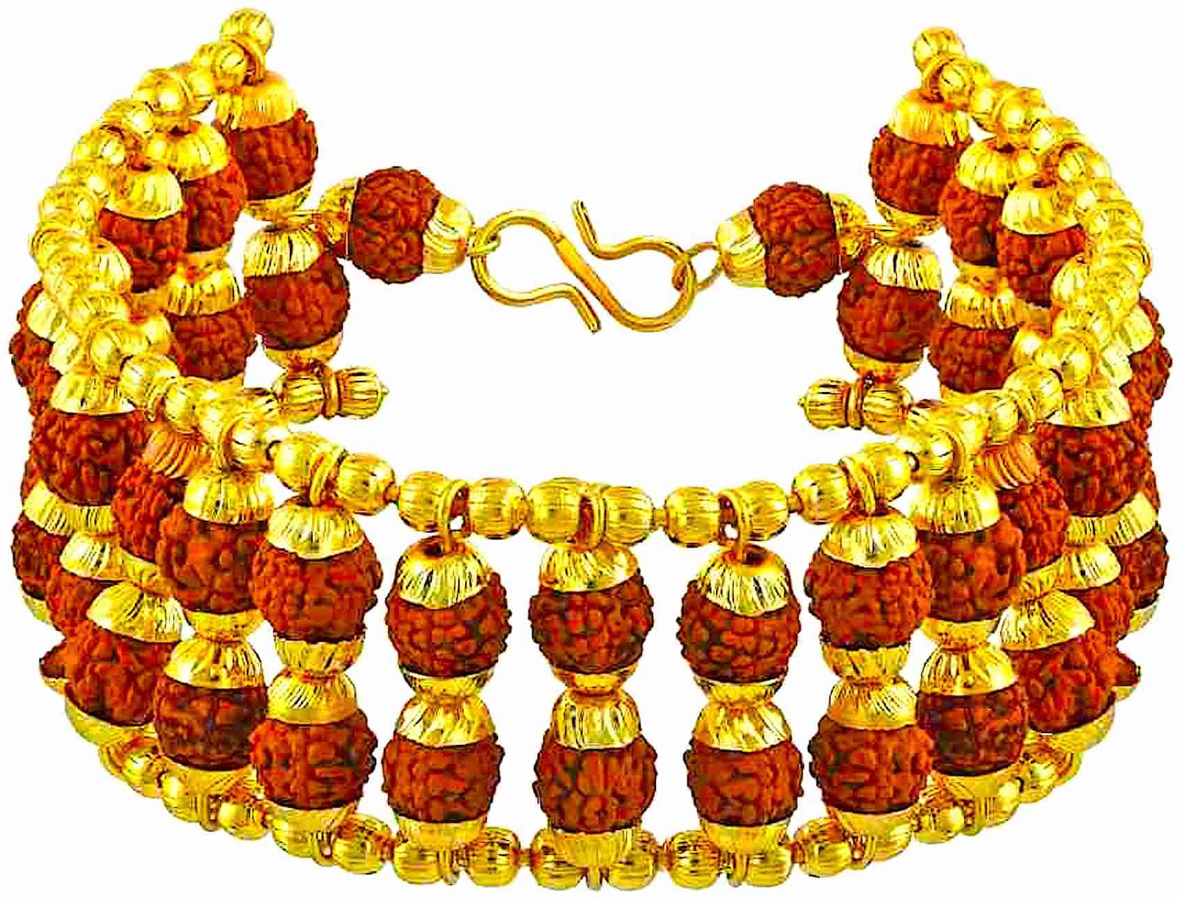 Double Line Rudraksha Bracelet In Gold Plated Cap Double Layer Chain Border