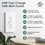 10 x 4.8A/24W USB Sortie, sortie murale avec ports de type C et de type A, 15 Amp Réceptacle Plug, Réceptacle résistant aux tambours, Plaque murale sans vis