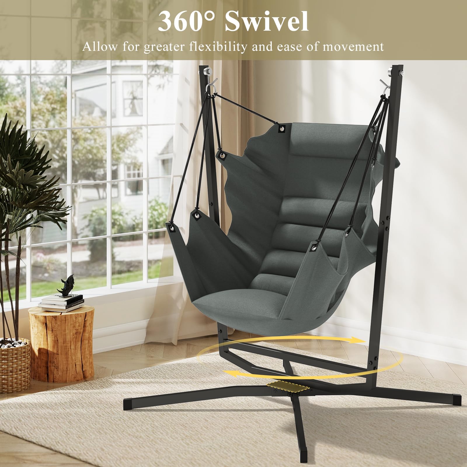 Fauteuil suspendu avec coussin, charge maximale de 180 kg, avec structure, pivotant à 360°, pour l'intérieur et l'extérieur, pour chambre à coucher, terrasse, véranda, terrasse, jardin, balcon (gris)