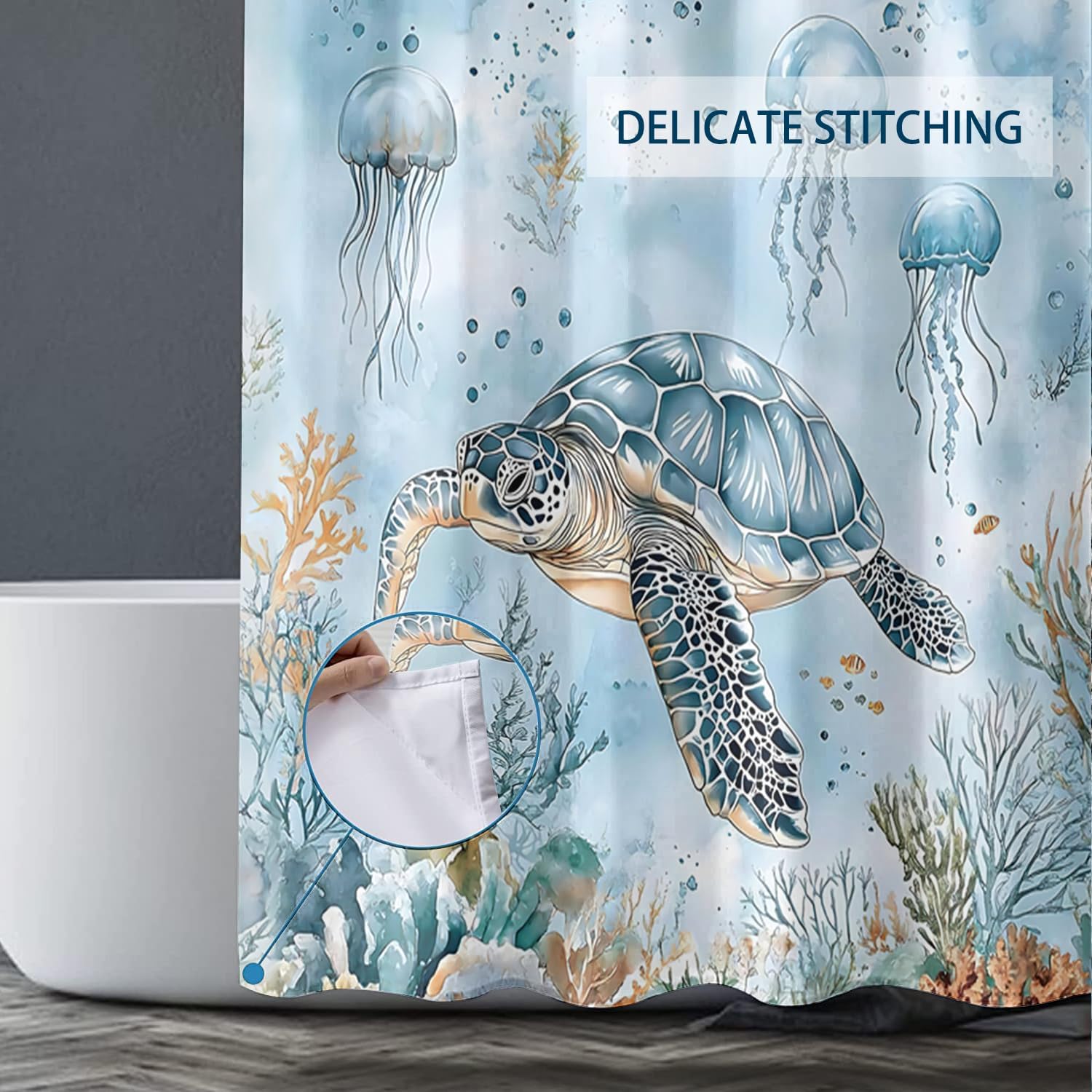 Sea Turtle Shower Curtain Teal Blue Ocean Beach Coastal Turtle Jellyfish Shower Curtains for Bathroom Waterproof Polyester Fabric Bath Curtain 72 x 72 Inch with 12 Hooks - Image 7