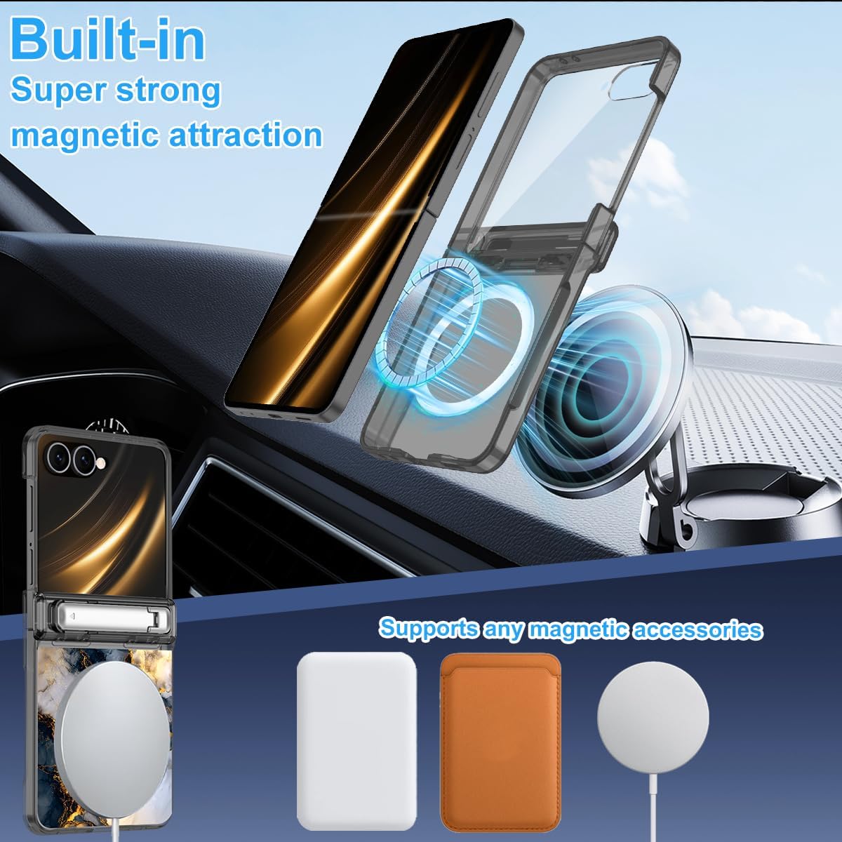 for Galaxy Z Flip 7 Case, [Compatible with MagSafe][Built-in Screen Protector][Kickstand][Hinge Protection], Hard PC Slim Shockproof Case for Samsung Galaxy Z Flip 7,heijin
