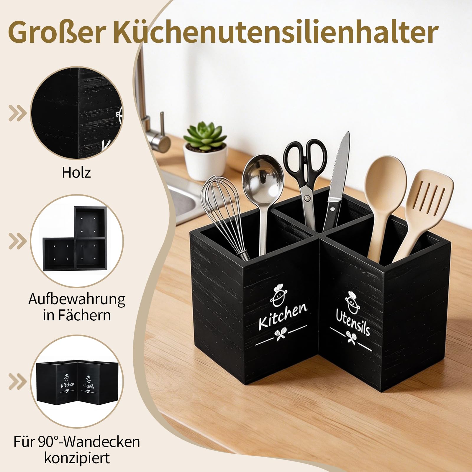 Küchenutensilienhalter mit 3 Fächern, Utensilienhalter aus Holz für die Küchentheke, Aufbewahrung von Küchenutensilien, Utensilien Organizer Spatel, Löffel, Gabeln, Bauernhaus-Küchendekoration