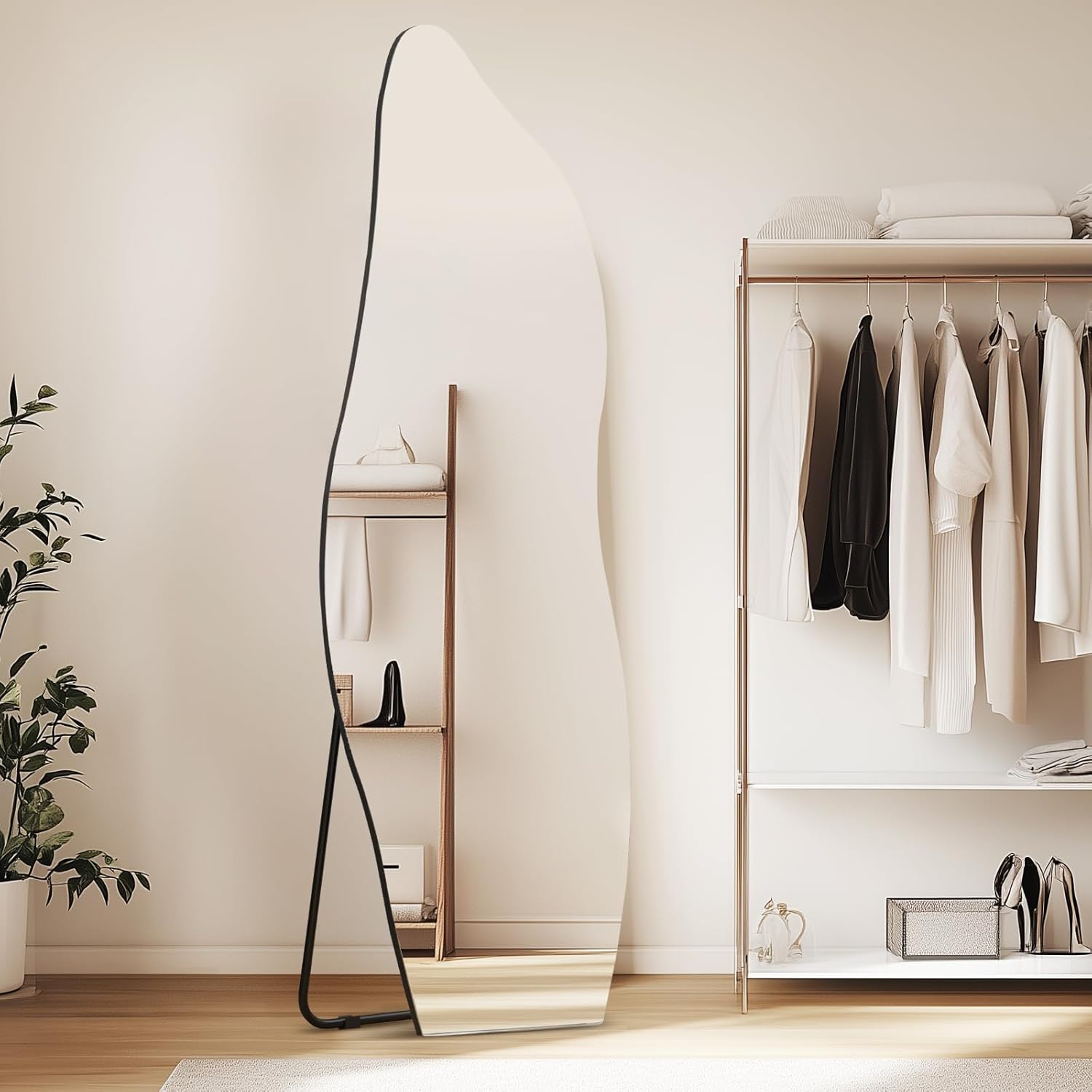 QDSSDECO Full Length Mirror with Stand 63"x24" Irregular Wall Mirror Wave Frameless for Living Room Bathroom Bedroom Entryway Decor